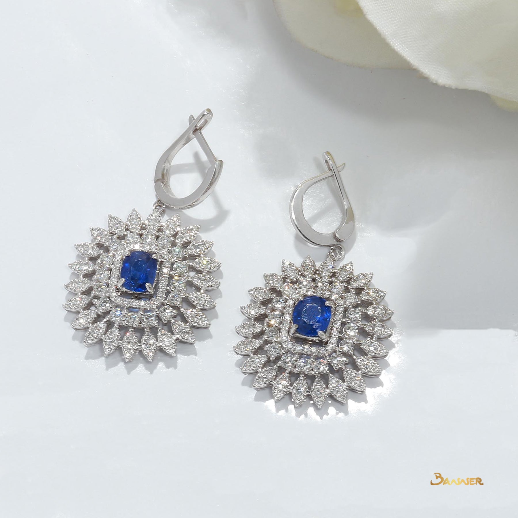Sapphire and Diamond Double Halo Floral Earrings