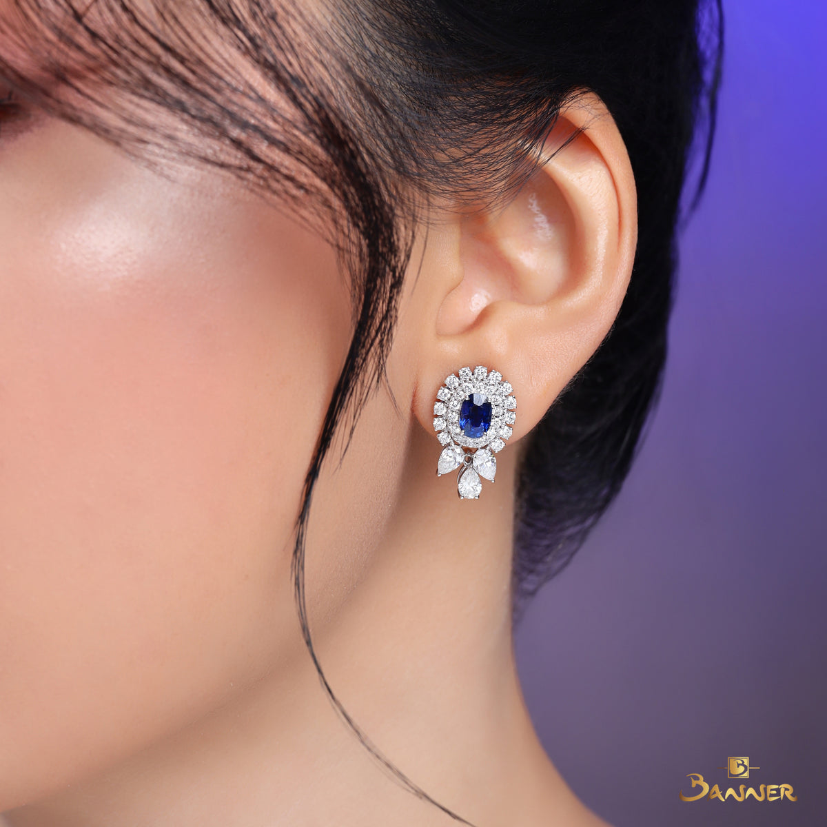 Sapphire and Diamond Double Halo Drop Earrings