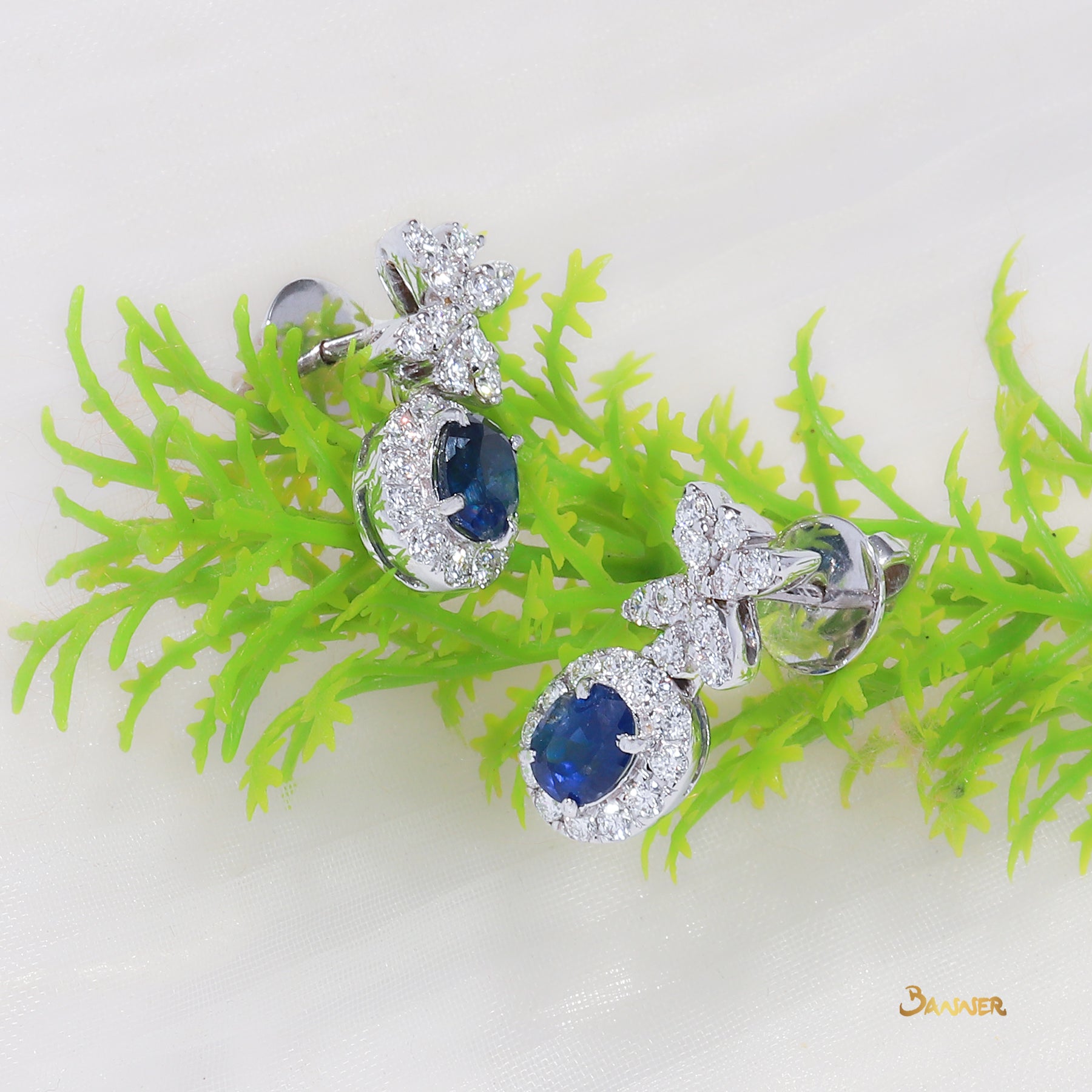 Sapphire and Diamond Dangle Halo Earrings