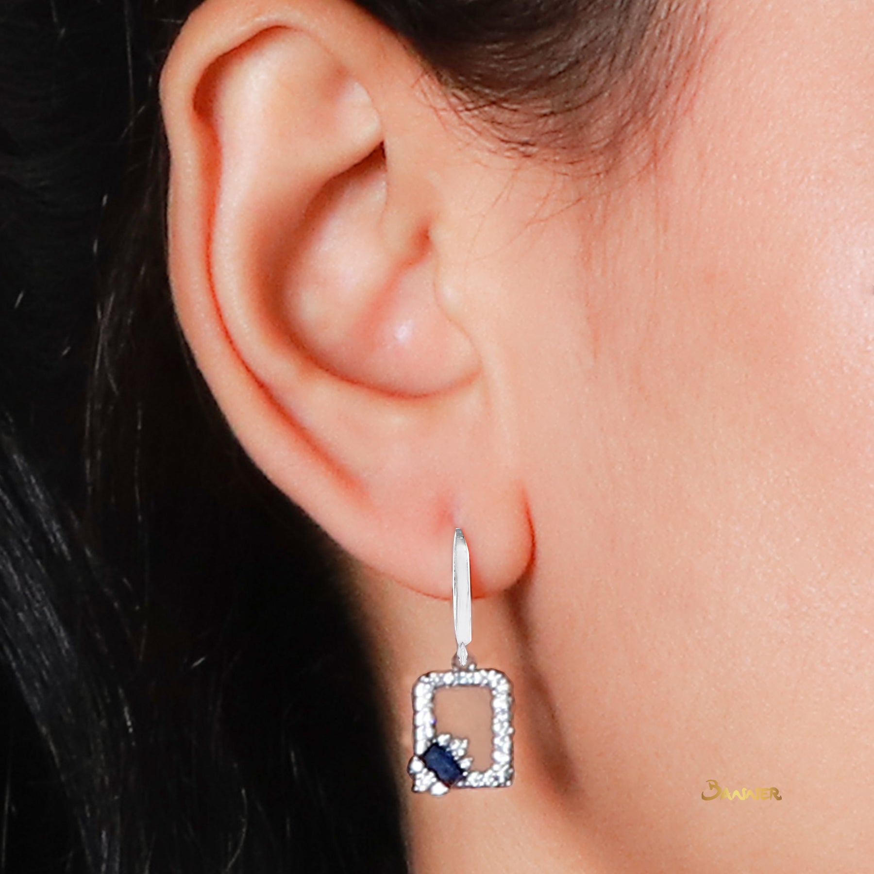 Emerald-cut Sapphire and Diamond Square Shape Dangle Earrings