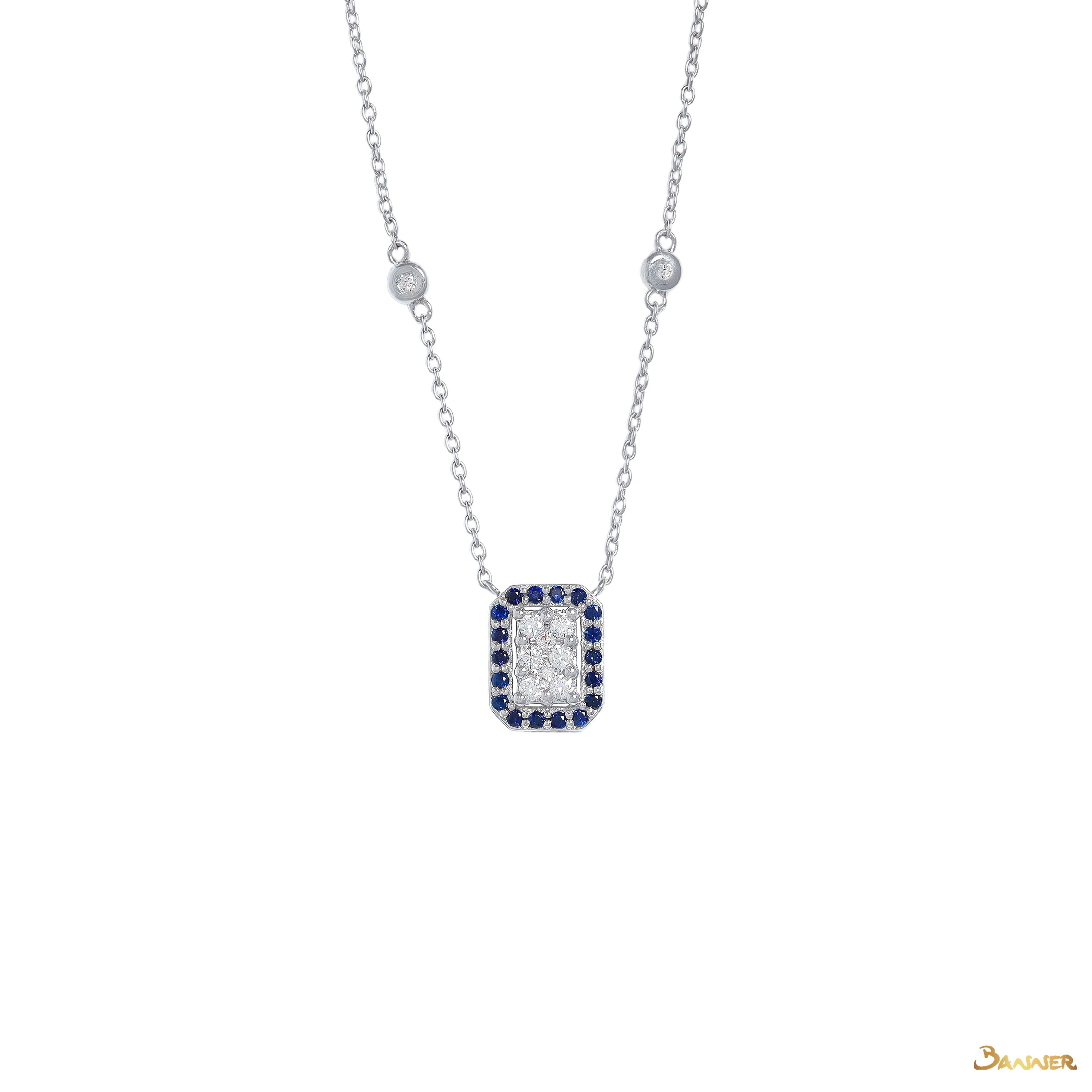 Sapphire and Diamond Cushion Halo Necklace