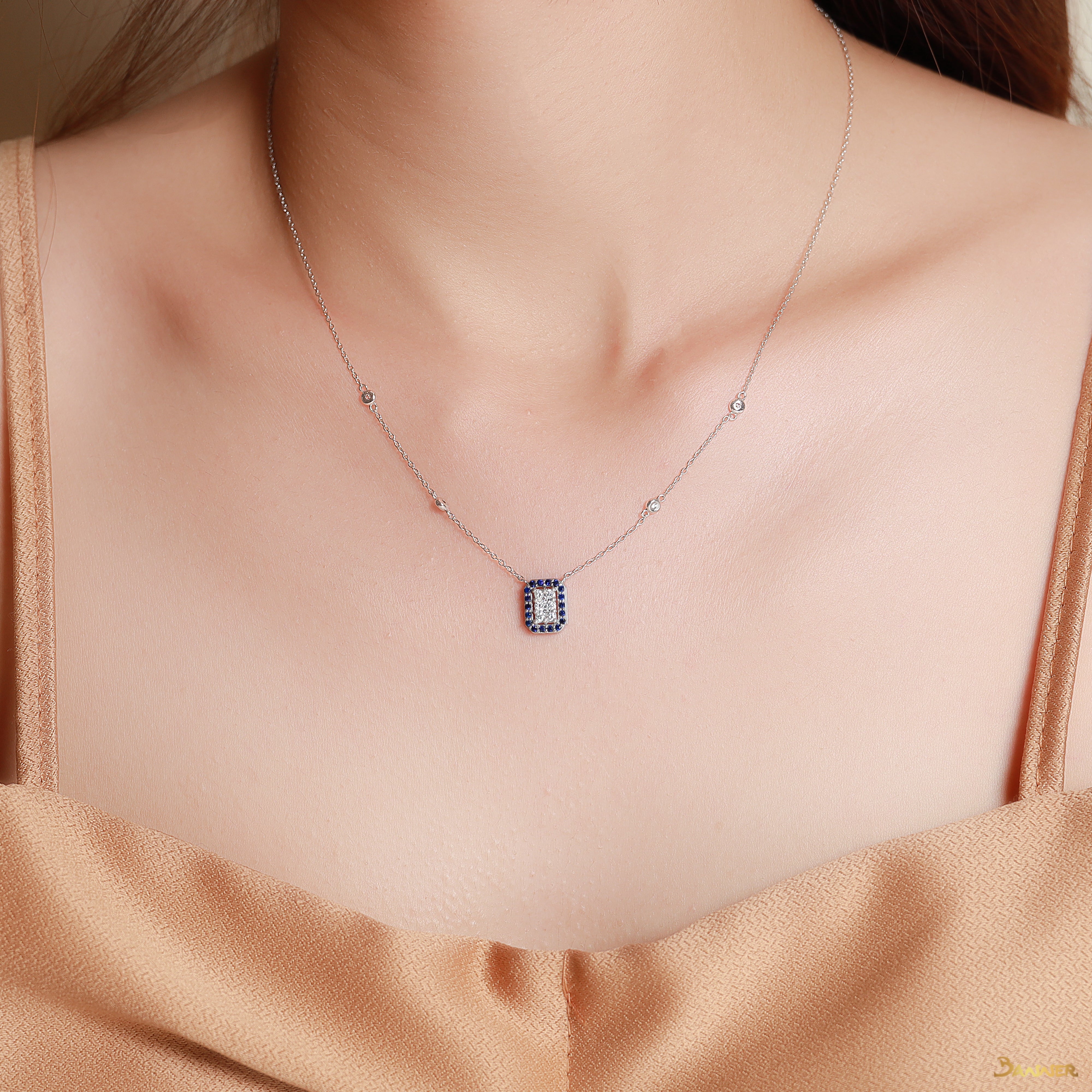 Sapphire and Diamond Cushion Halo Necklace