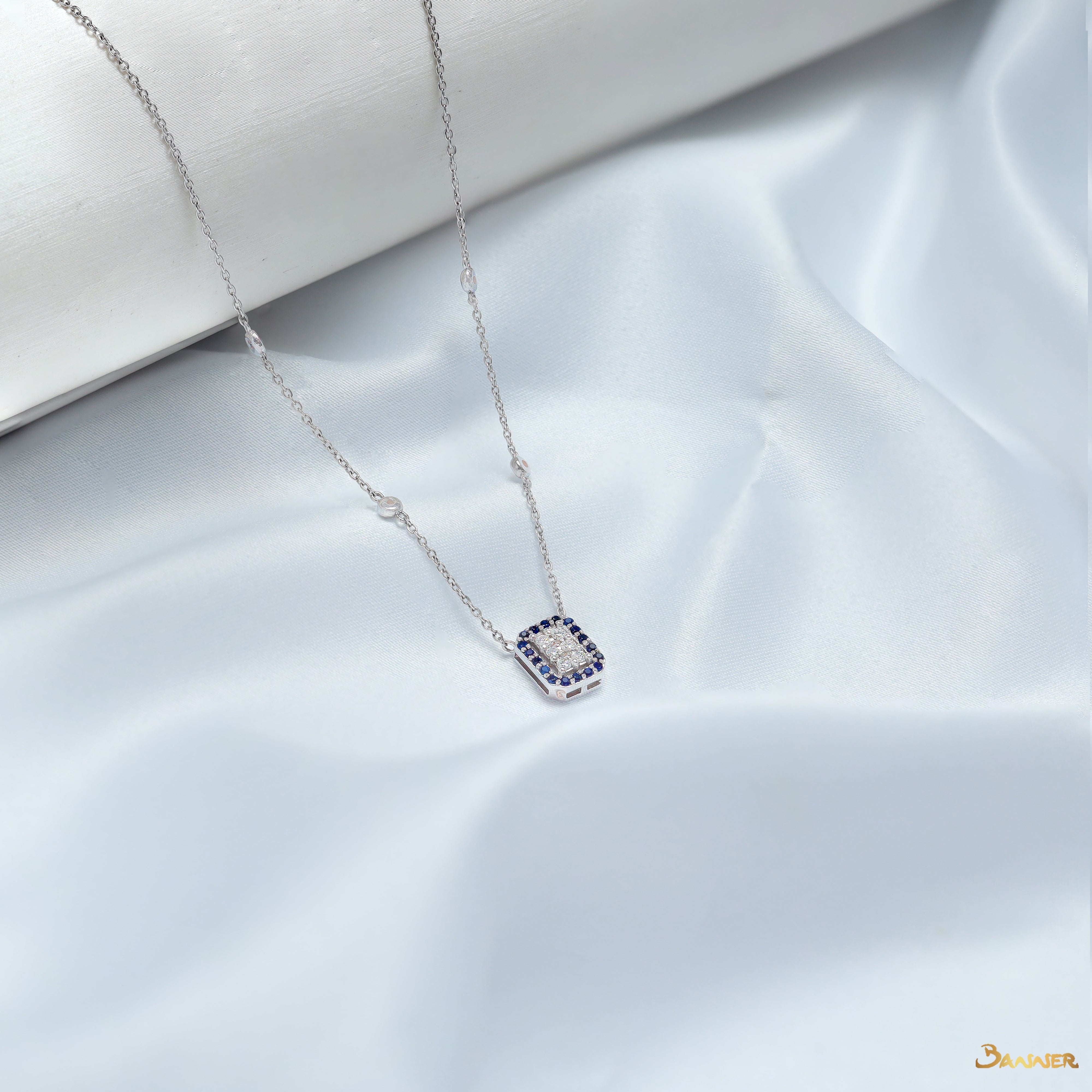 Sapphire and Diamond Cushion Halo Necklace