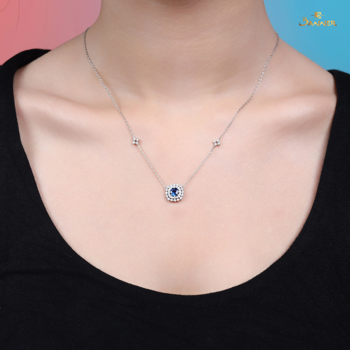 Sapphire and Diamond Double Halo Necklace
