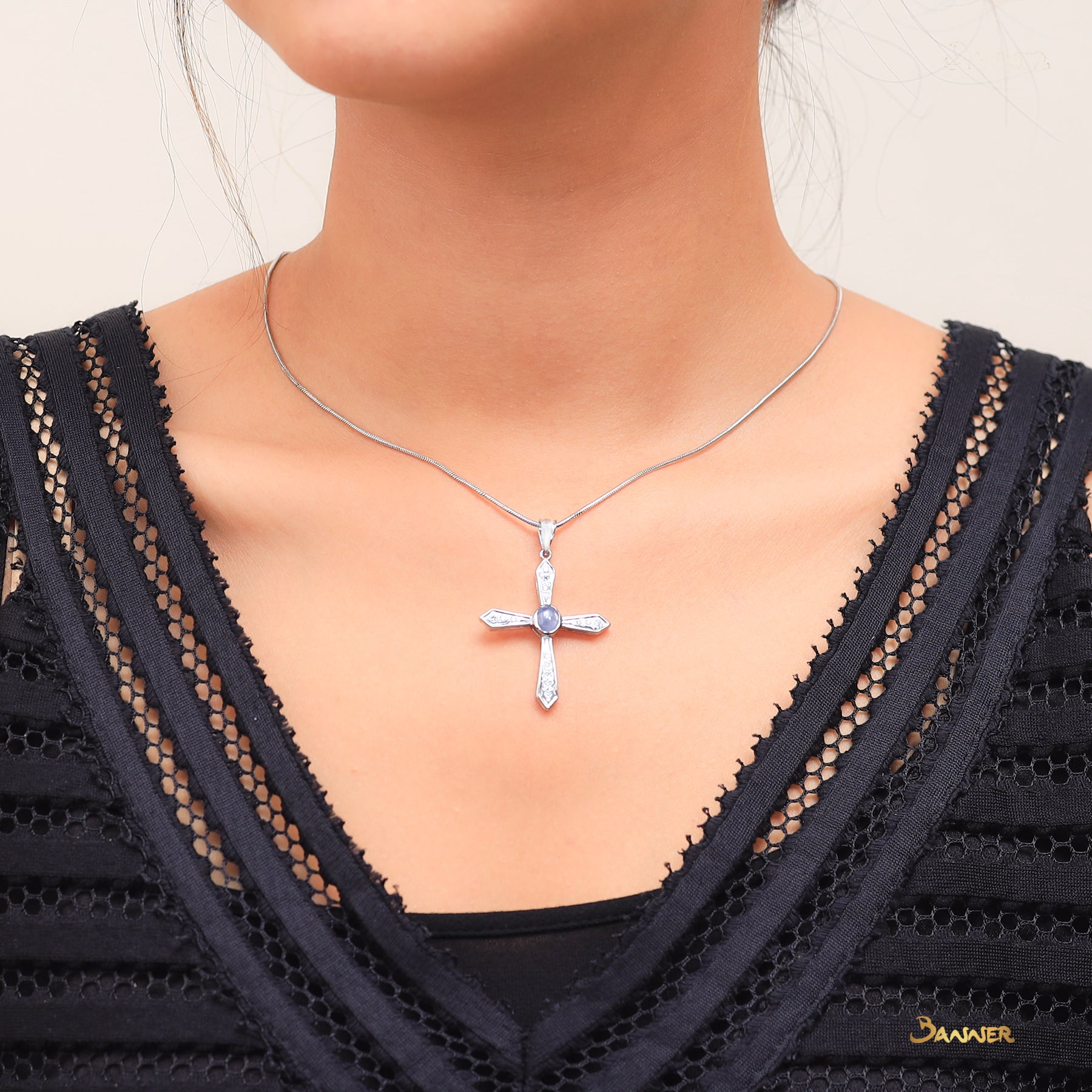 Sapphire Cabochon and Diamond Cross Pendant