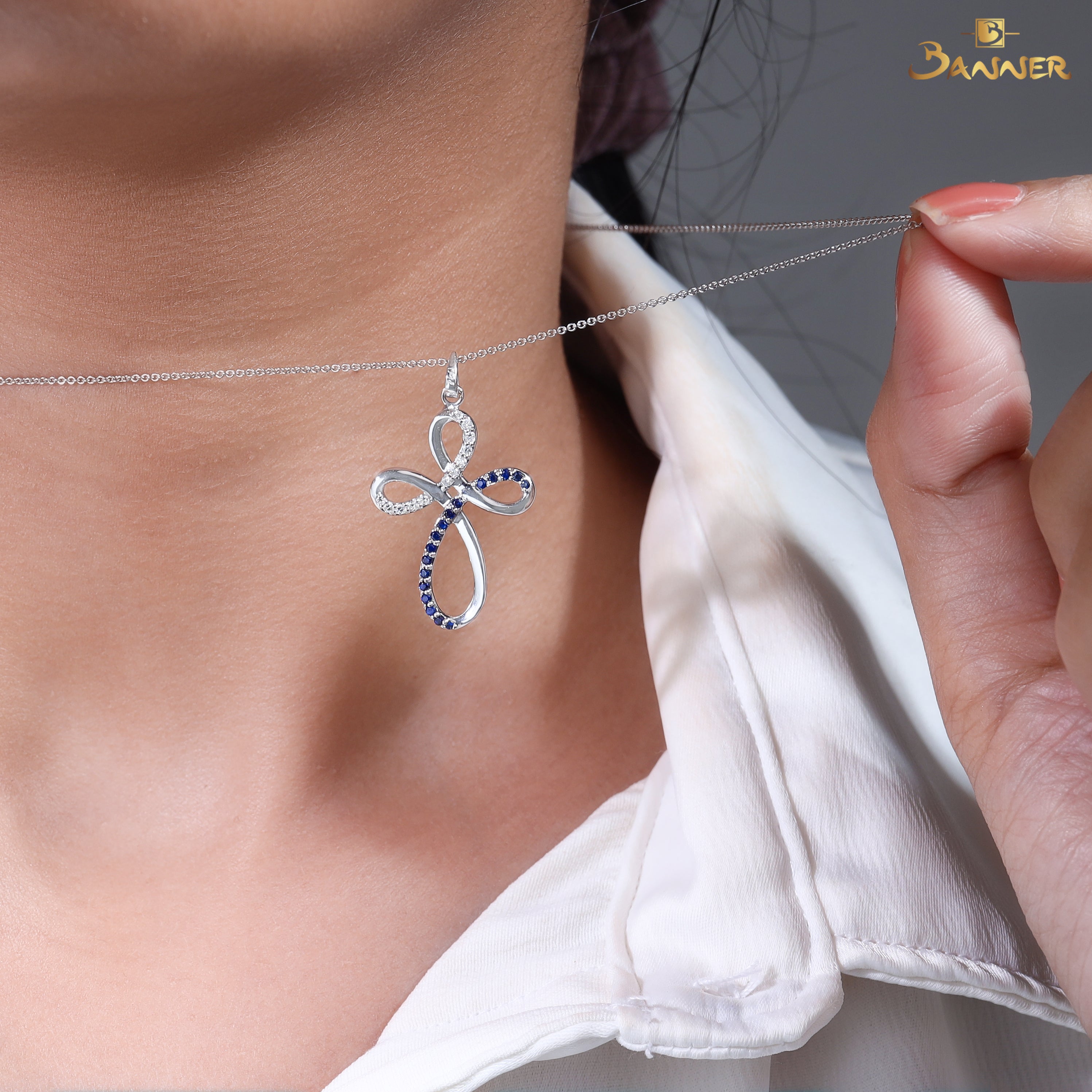 Sapphire and Diamond Floral Cross Pendant