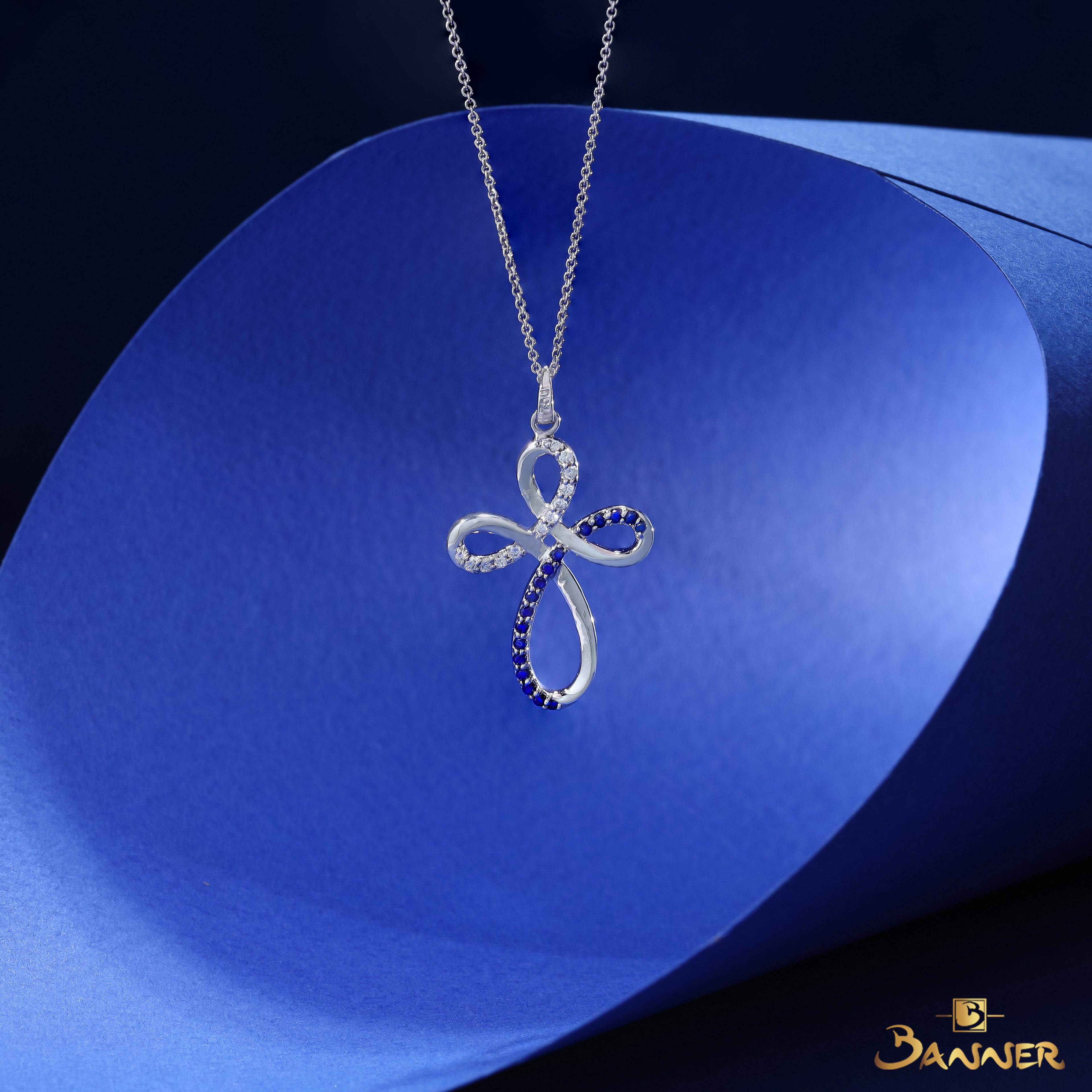 Sapphire and Diamond Floral Cross Pendant