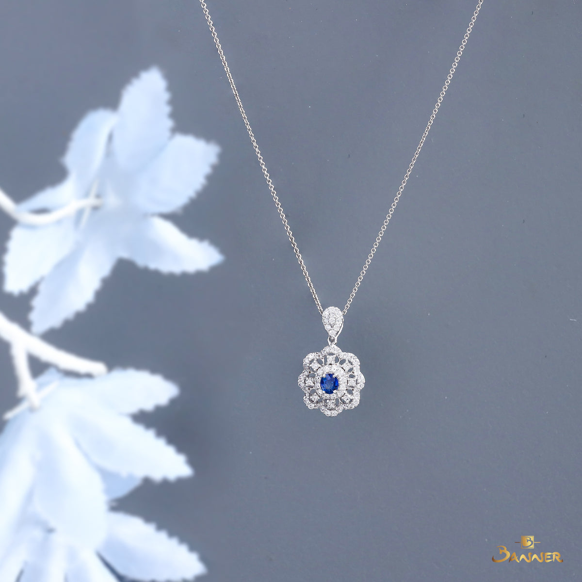 Sapphire and Diamond Floral Pendant