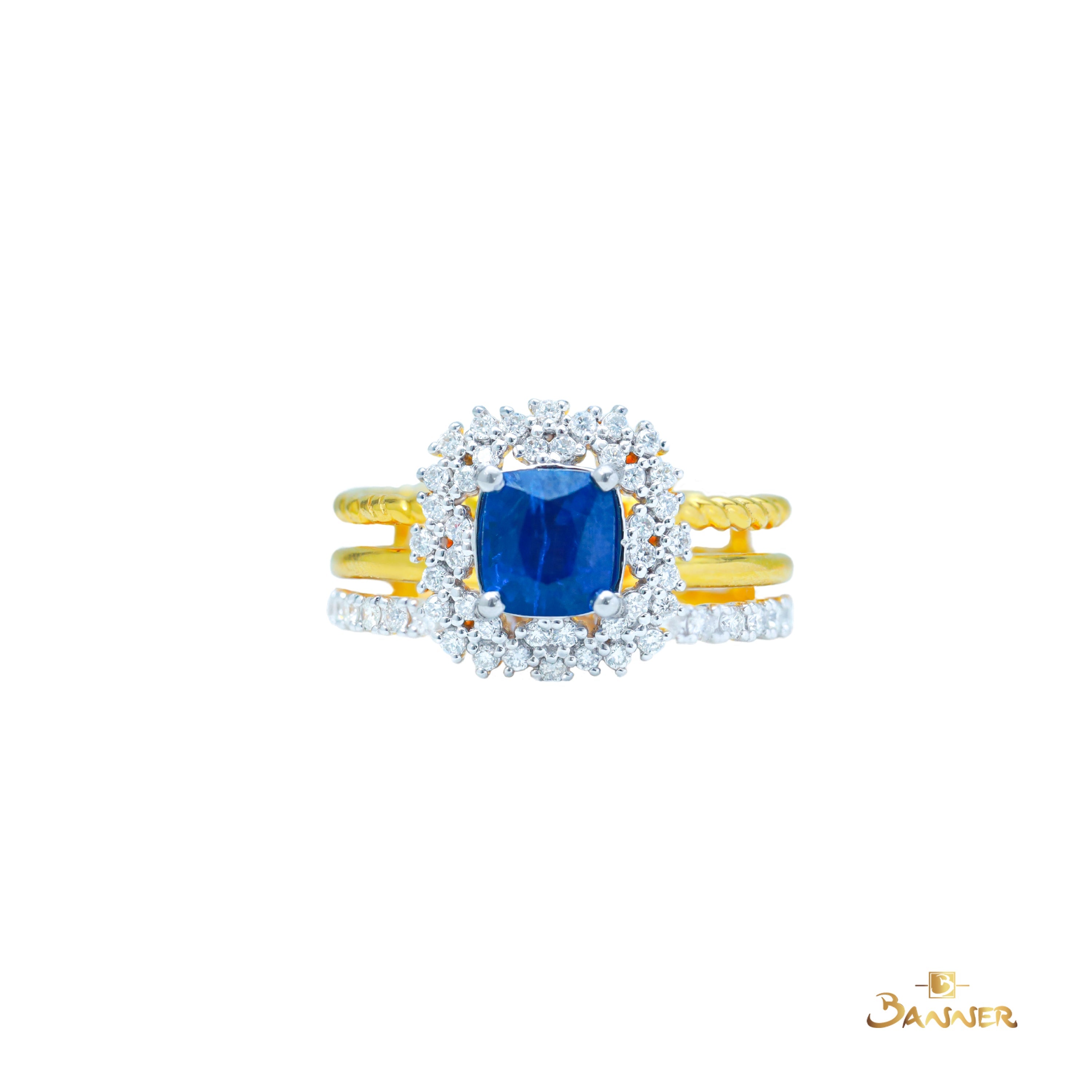 Sapphire and Diamond 3 Row Ring
