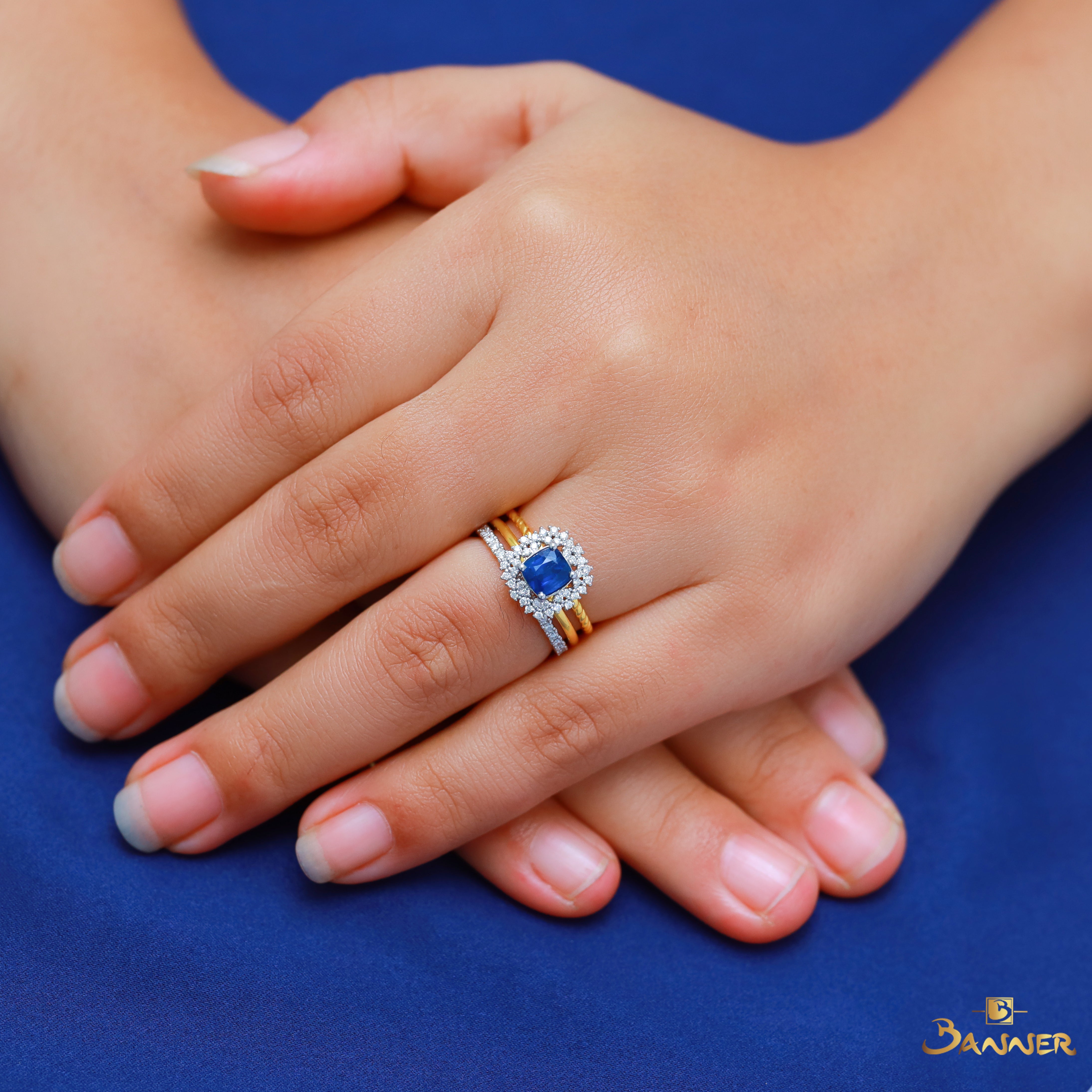 Sapphire and Diamond 3 Row Ring
