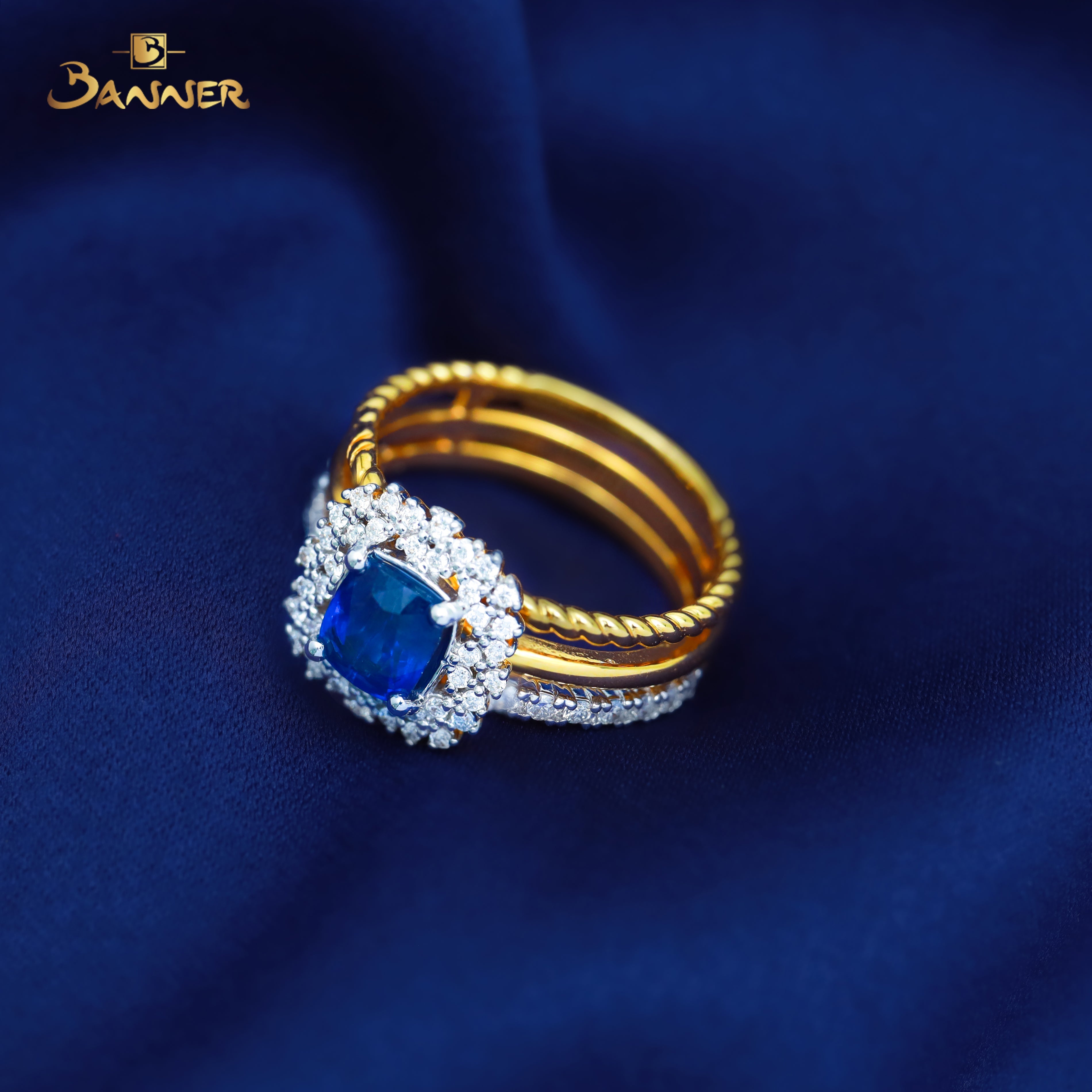 Sapphire and Diamond 3 Row Ring