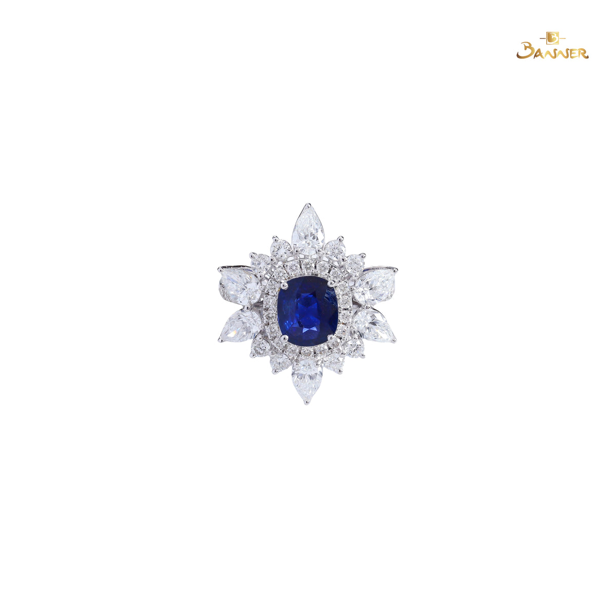 Sapphire and Diamond Double Halo Drop Ring
