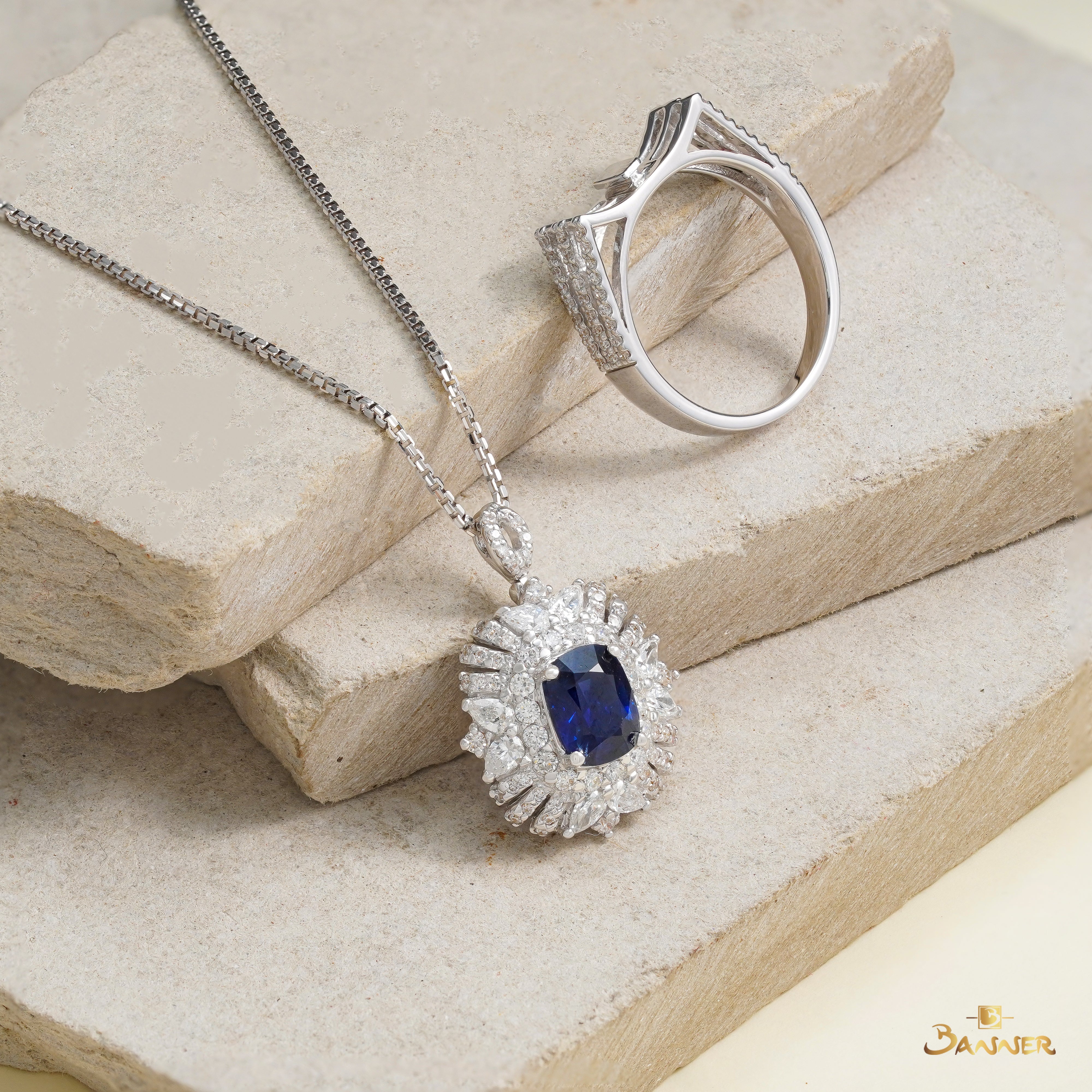 Sapphire and Diamond 2-ways Elegant Ring/ Pendant