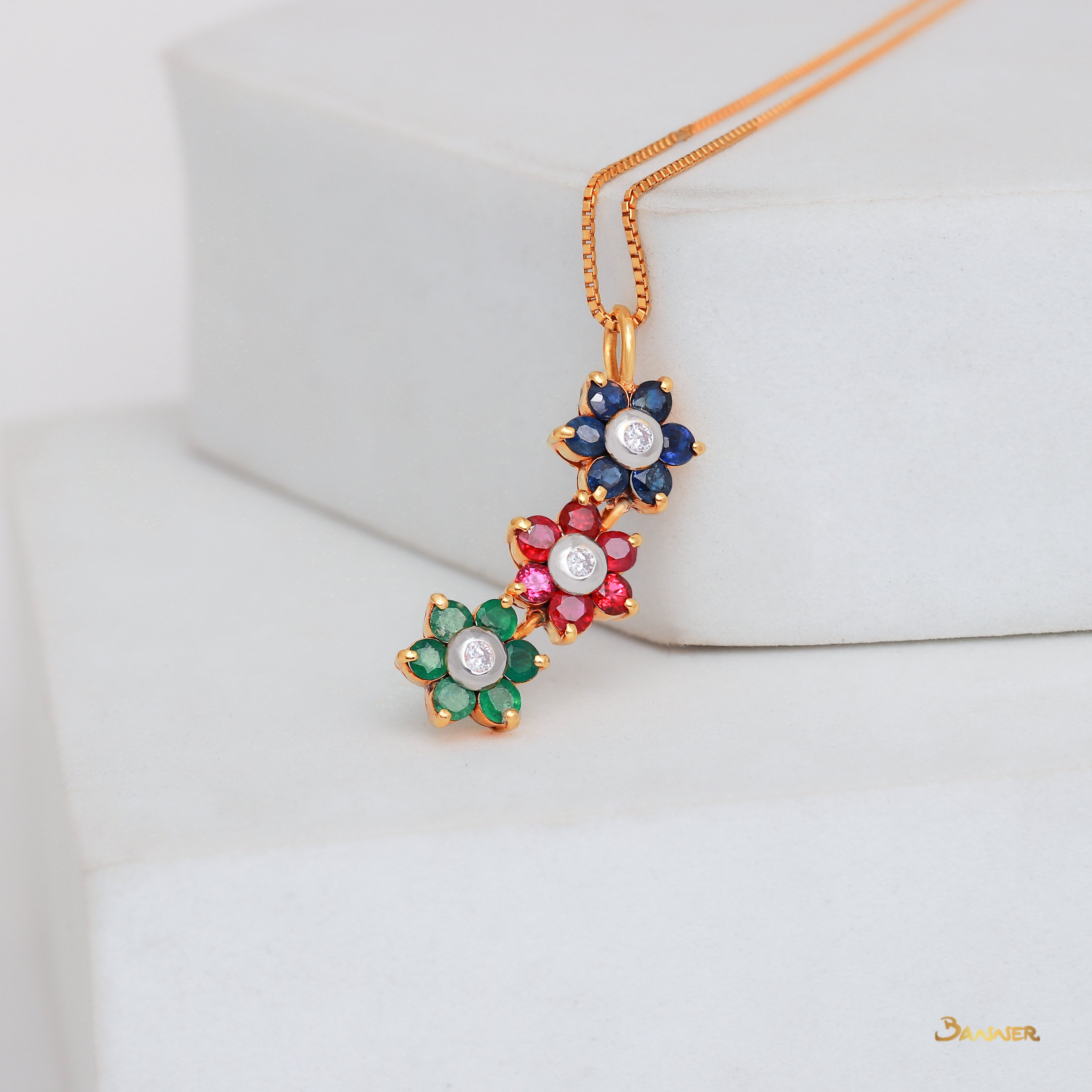 Ruby -Sapphire- Emerald and Diamond Flower Pendant