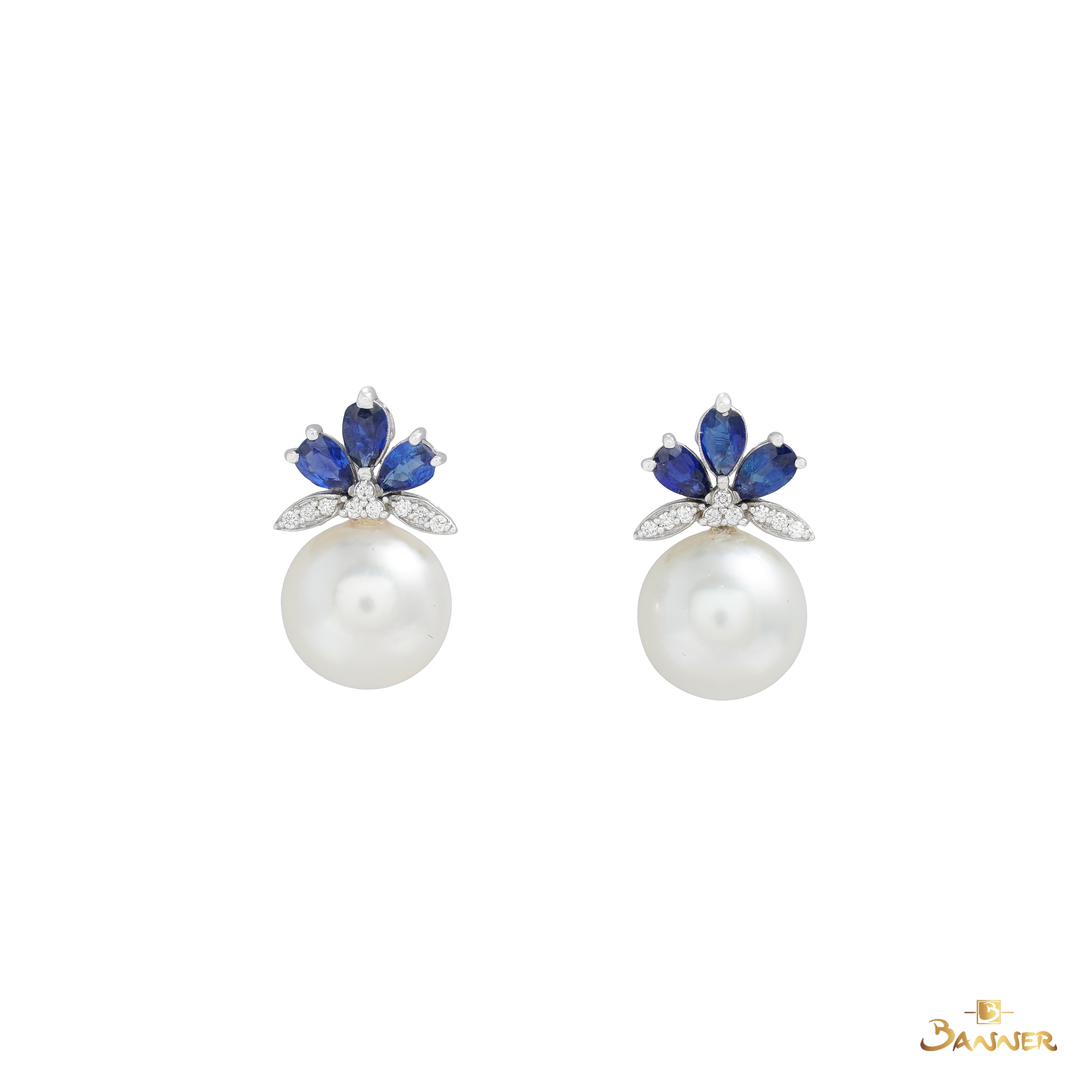 Sapphire , Pearl and Diamond Bloom Earrings