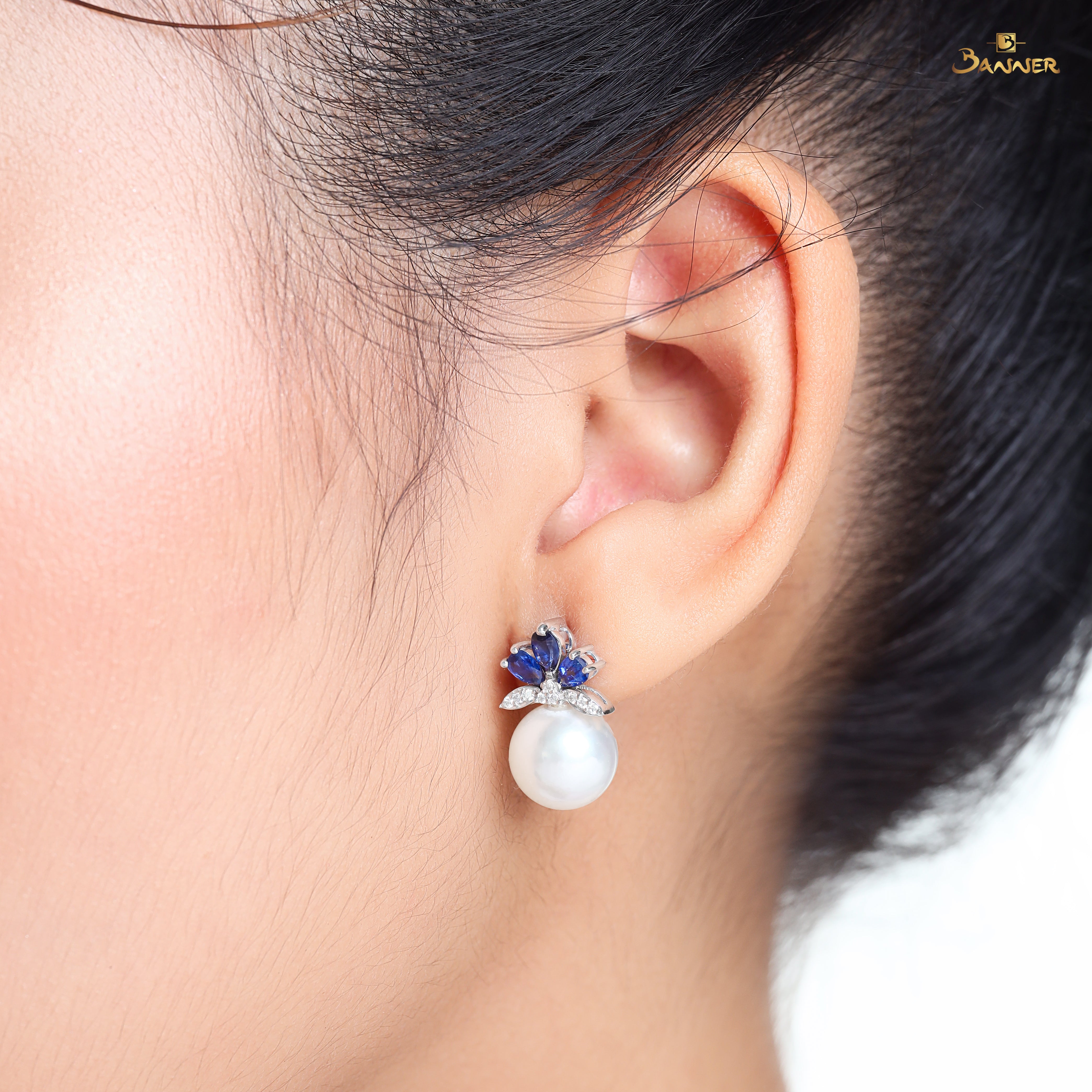 Sapphire , Pearl and Diamond Bloom Earrings