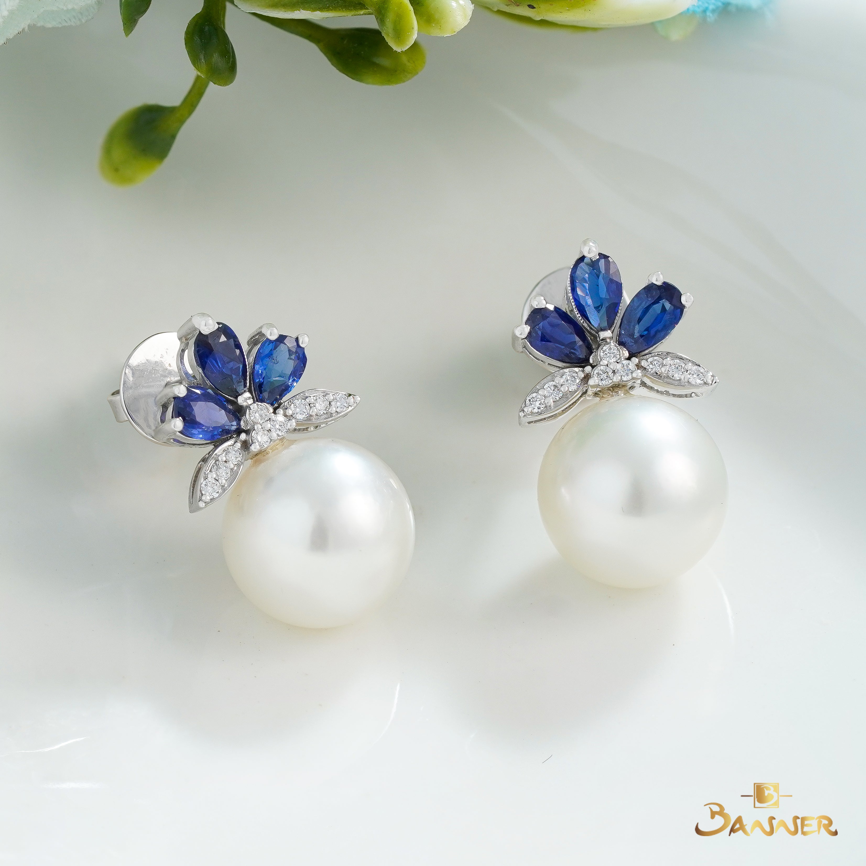 Sapphire , Pearl and Diamond Bloom Earrings