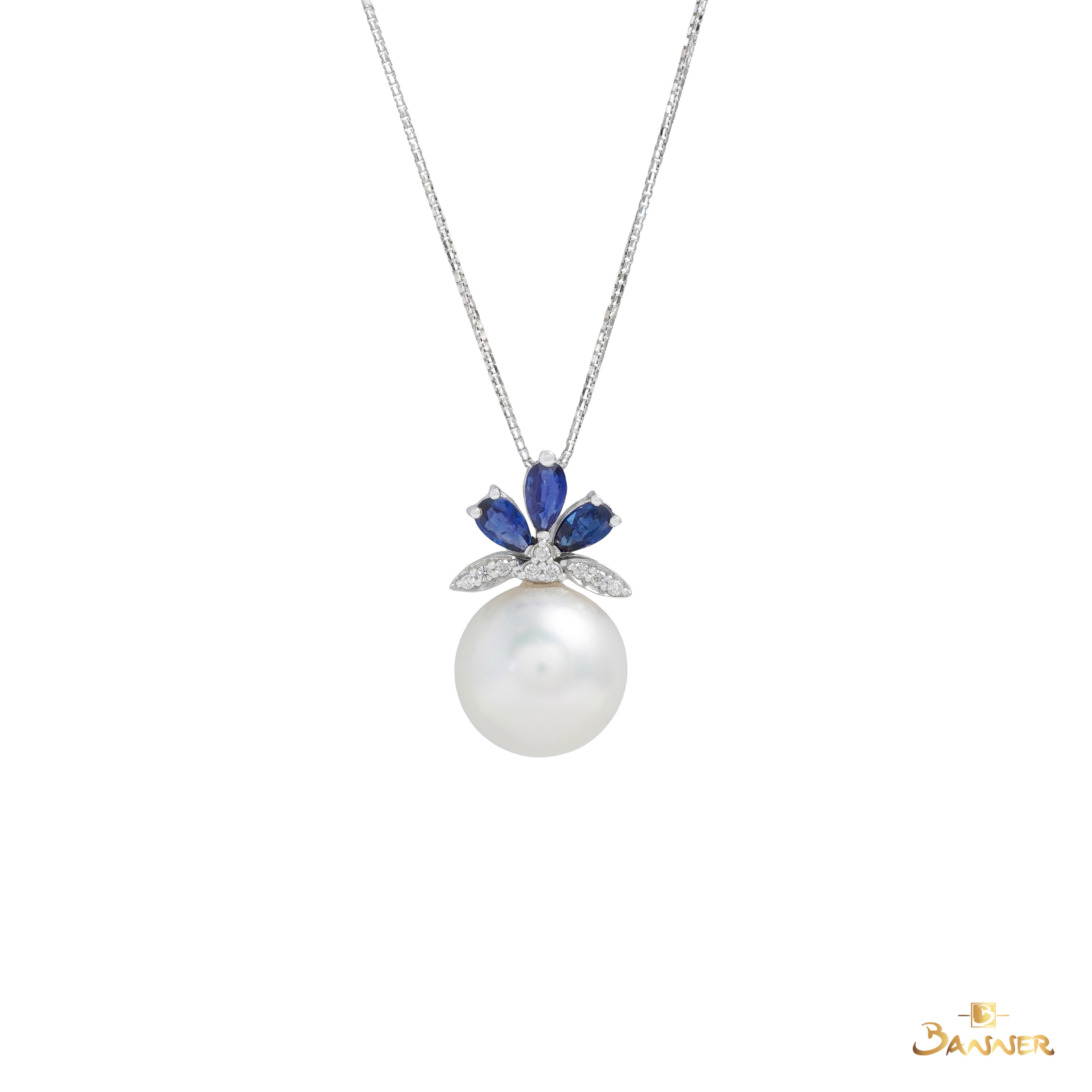 Sapphire , Pearl and Diamond Bloom Pendant