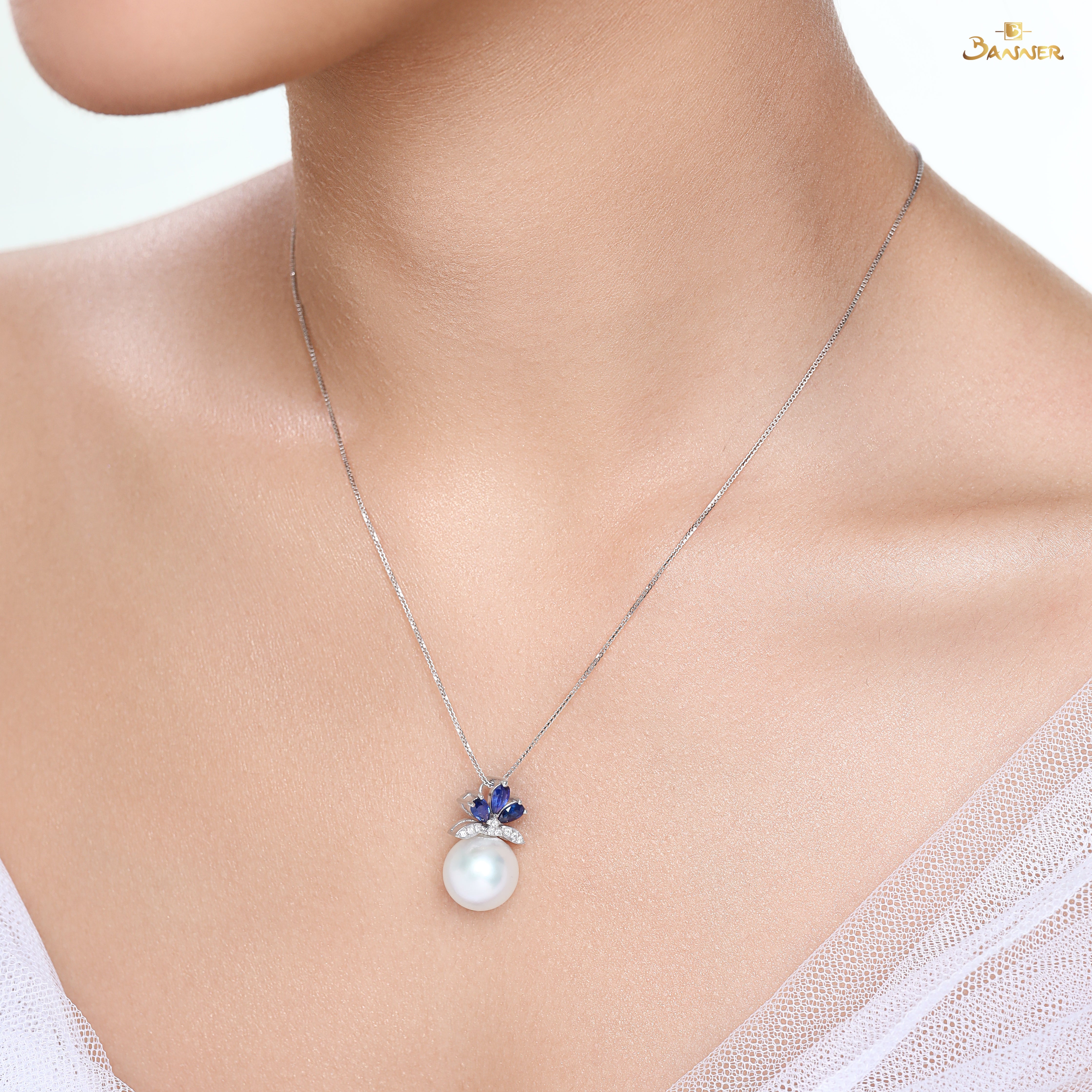 Sapphire , Pearl and Diamond Bloom Pendant
