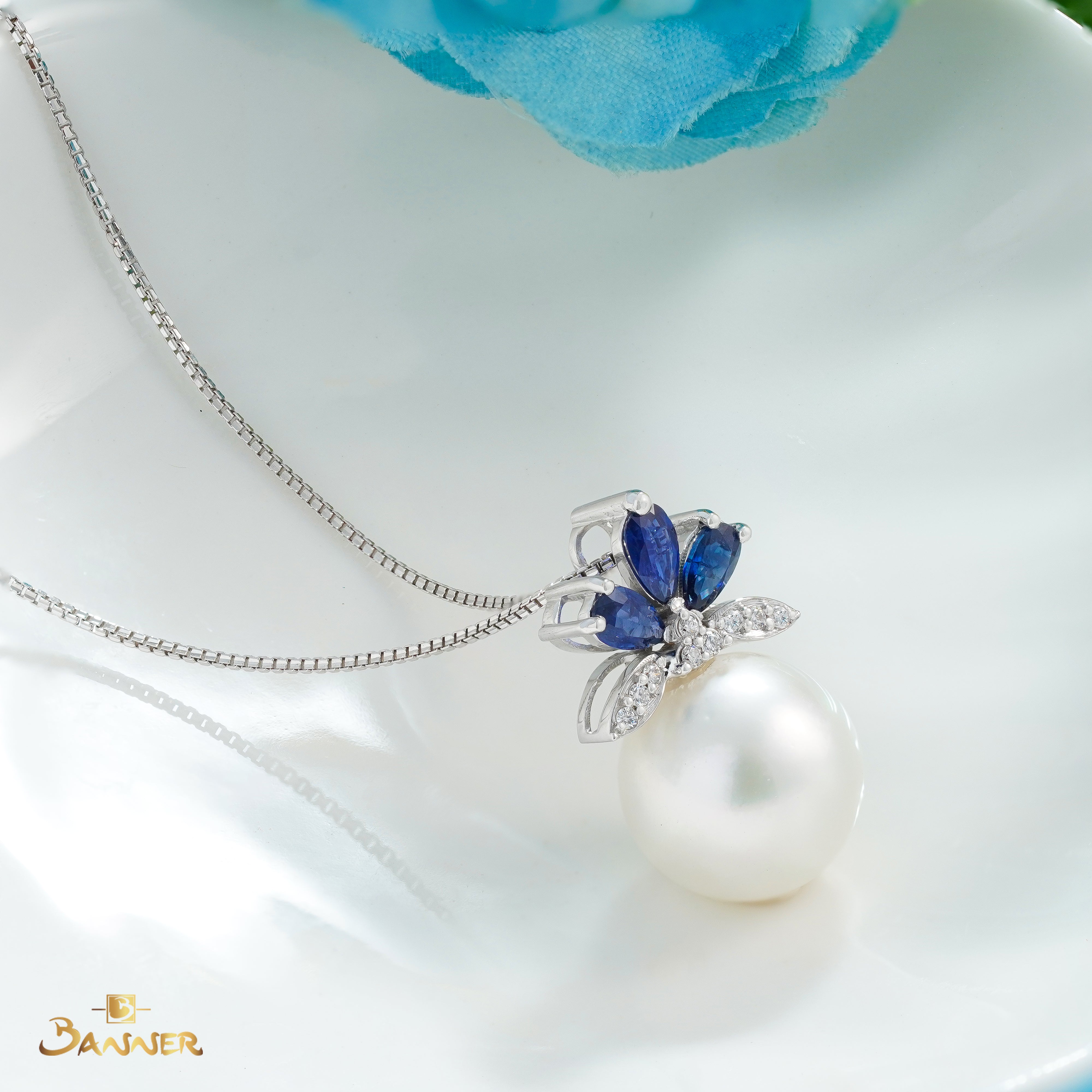 Sapphire , Pearl and Diamond Bloom Pendant