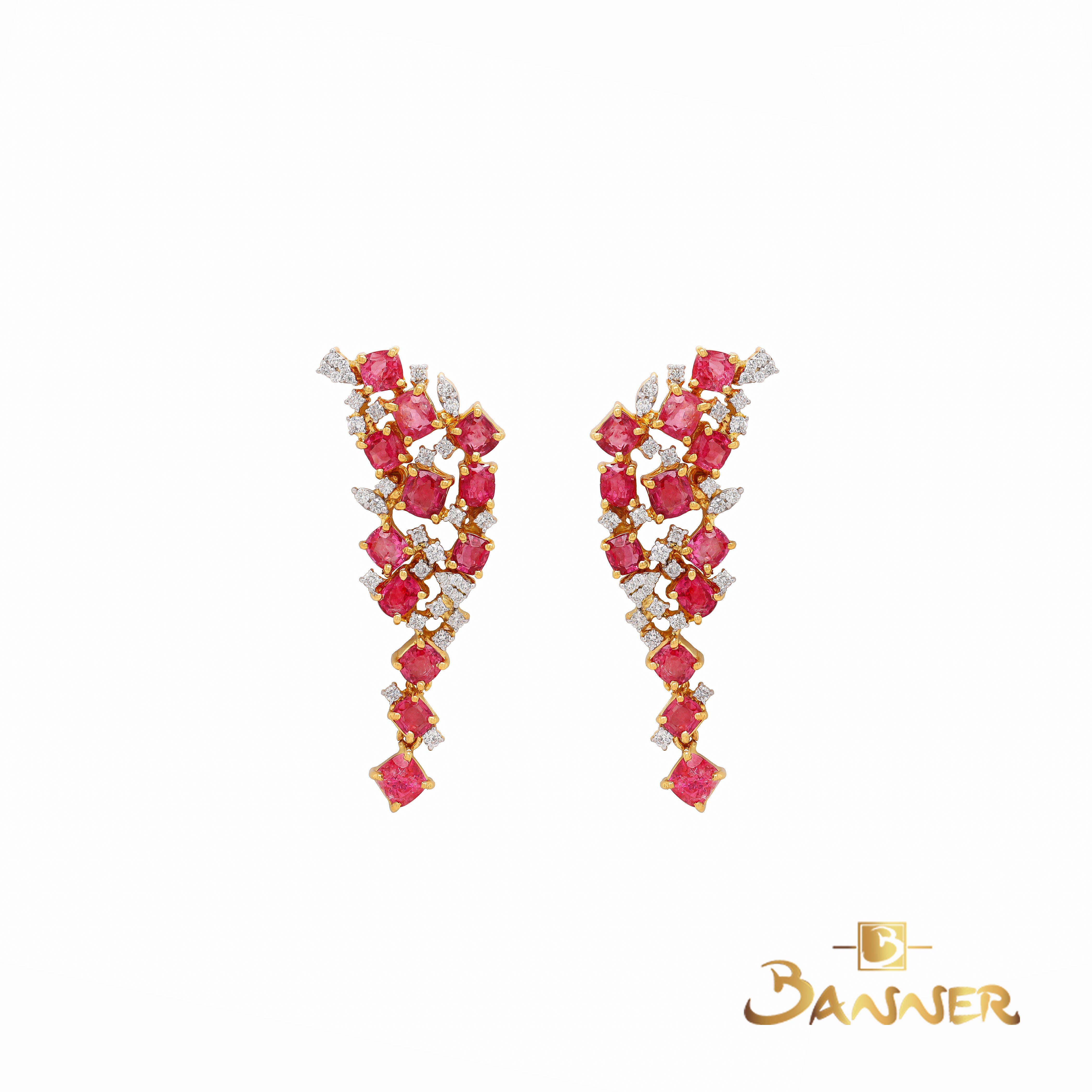 Pink Spinel and Diamond Floral Cascade Dangle Earrings