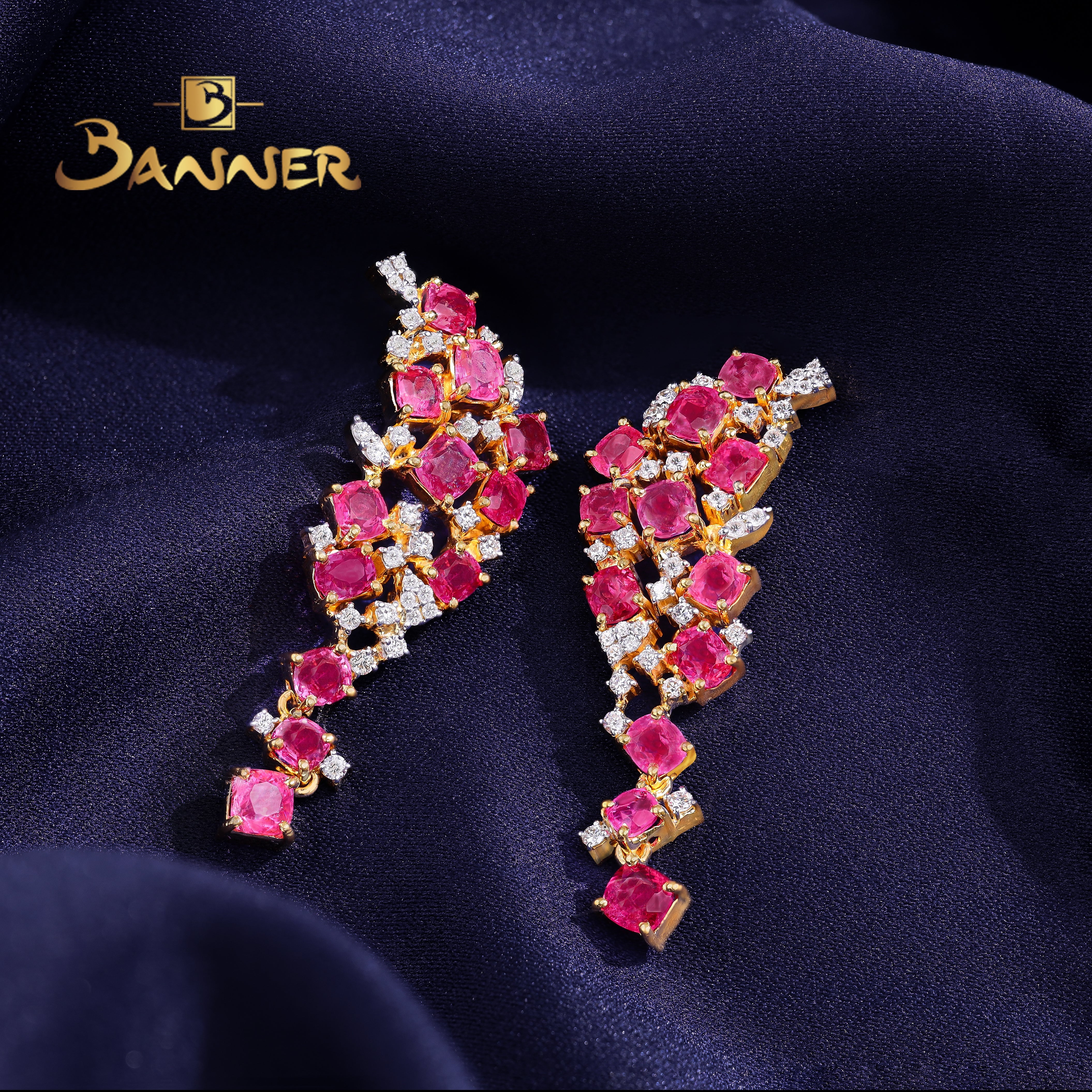 Pink Spinel and Diamond Floral Cascade Dangle Earrings