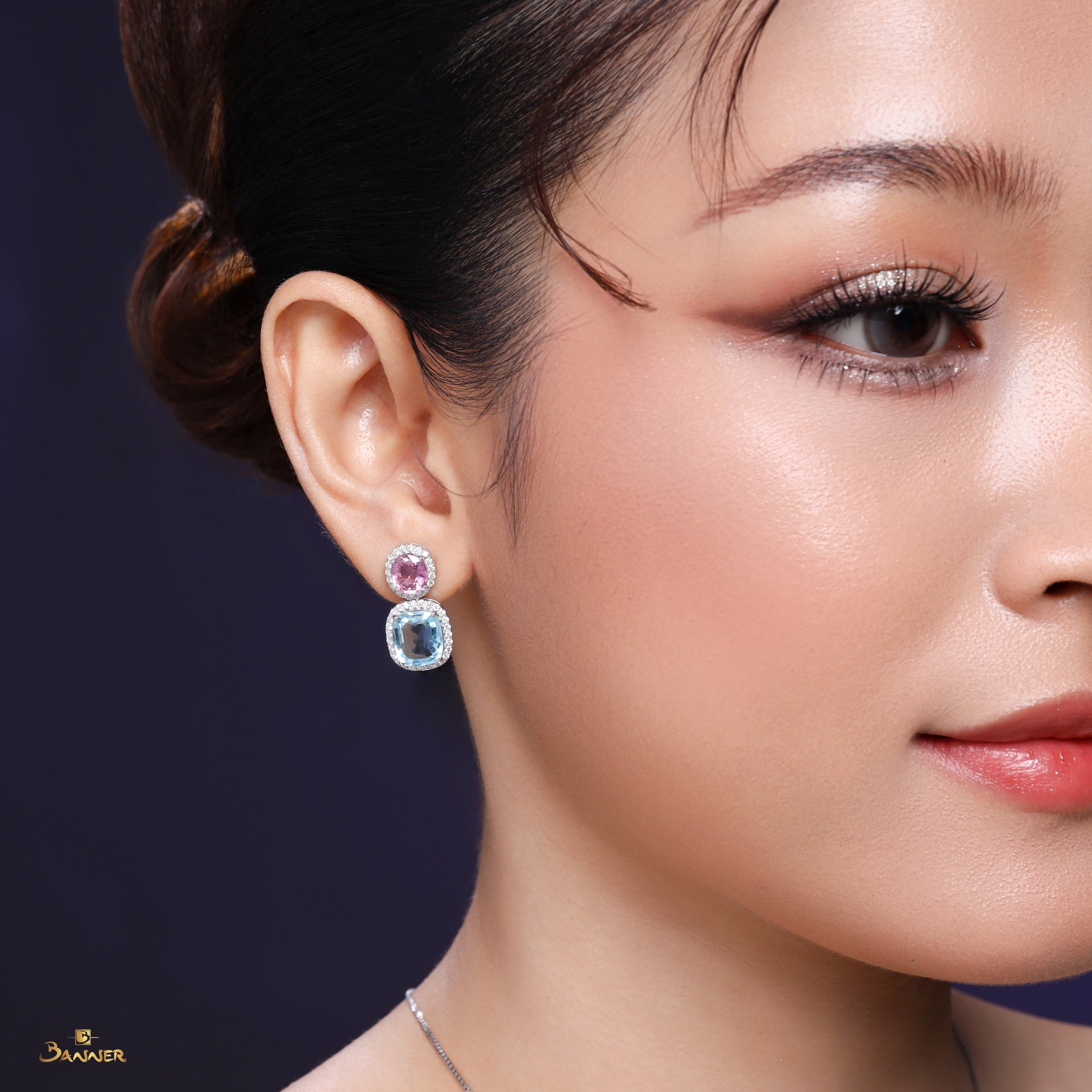 Spinel , Aquamarine and Diamond Halo 2-step Earrings