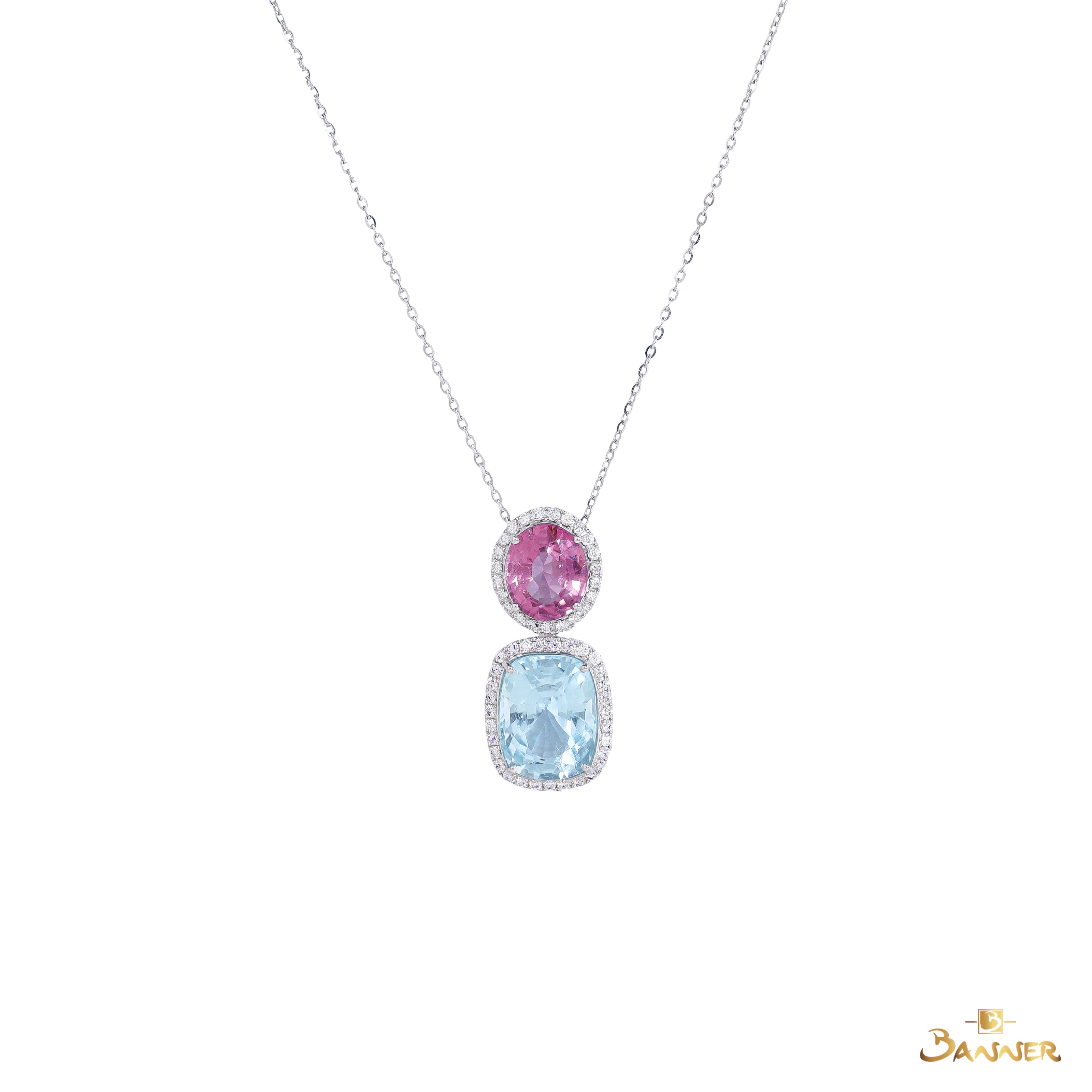 Spinel , Aquamarine and Diamond Halo 2-step Pendant