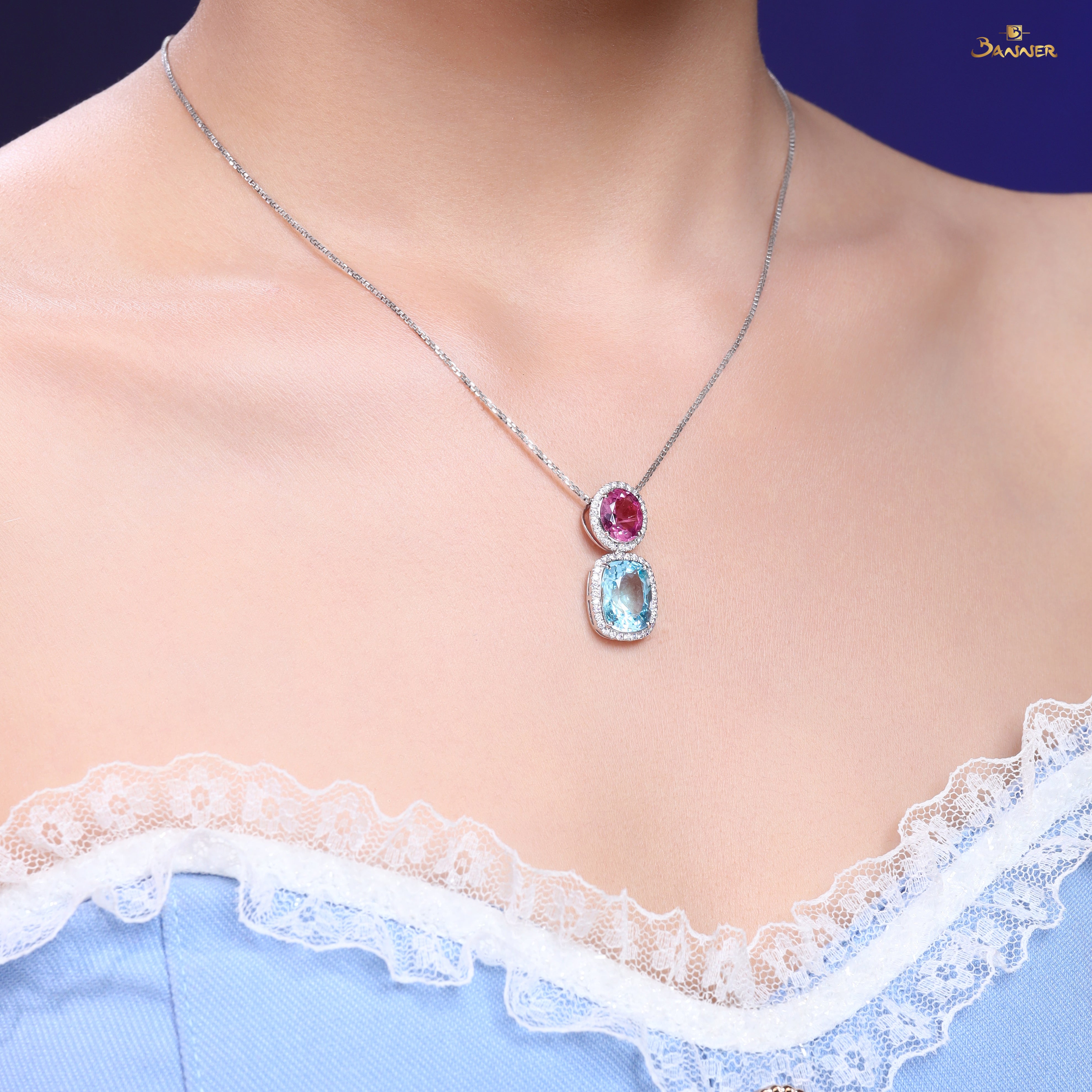Spinel , Aquamarine and Diamond Halo 2-step Pendant