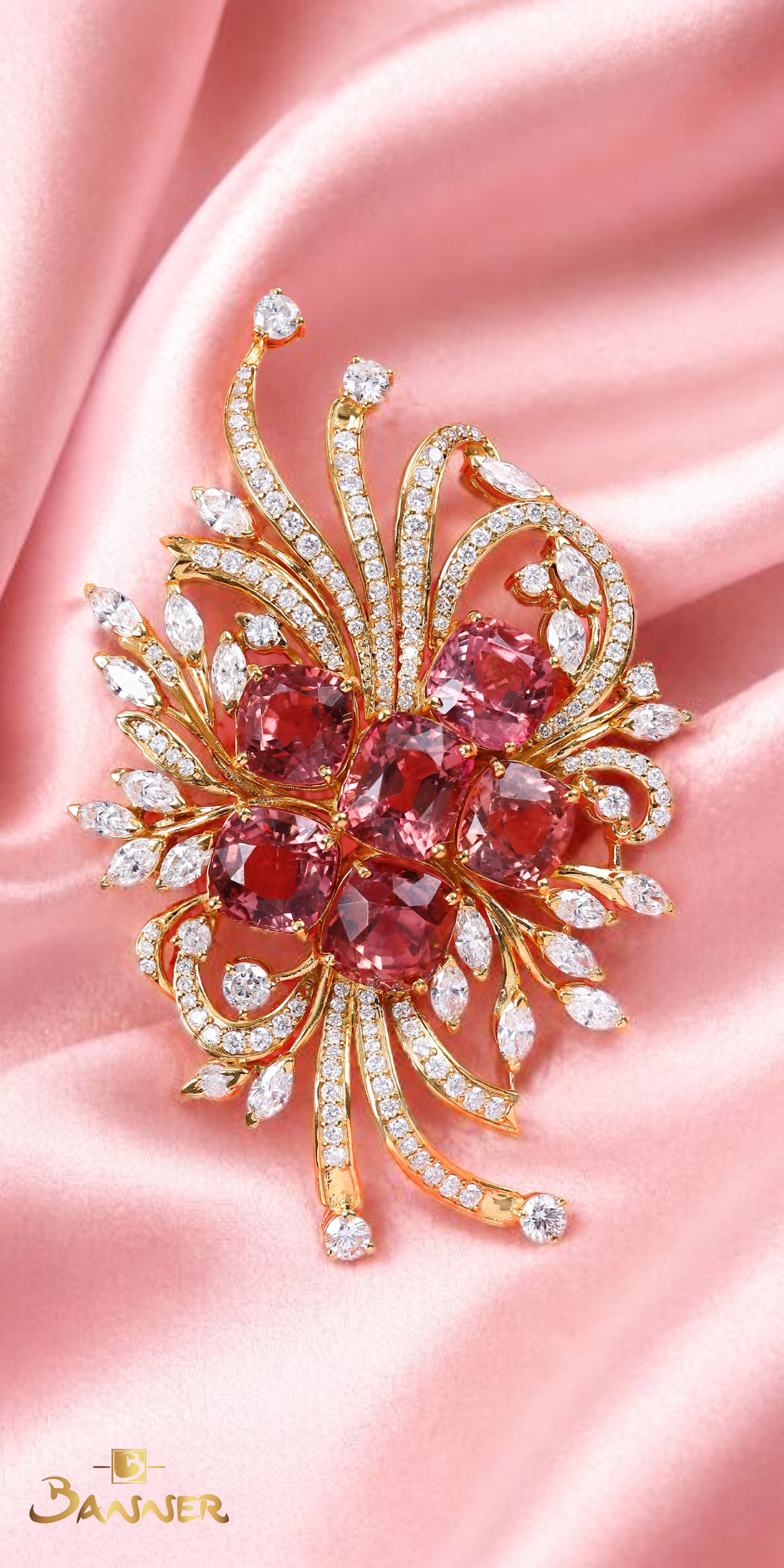 Tourmaline and Diamond Floral Brooch