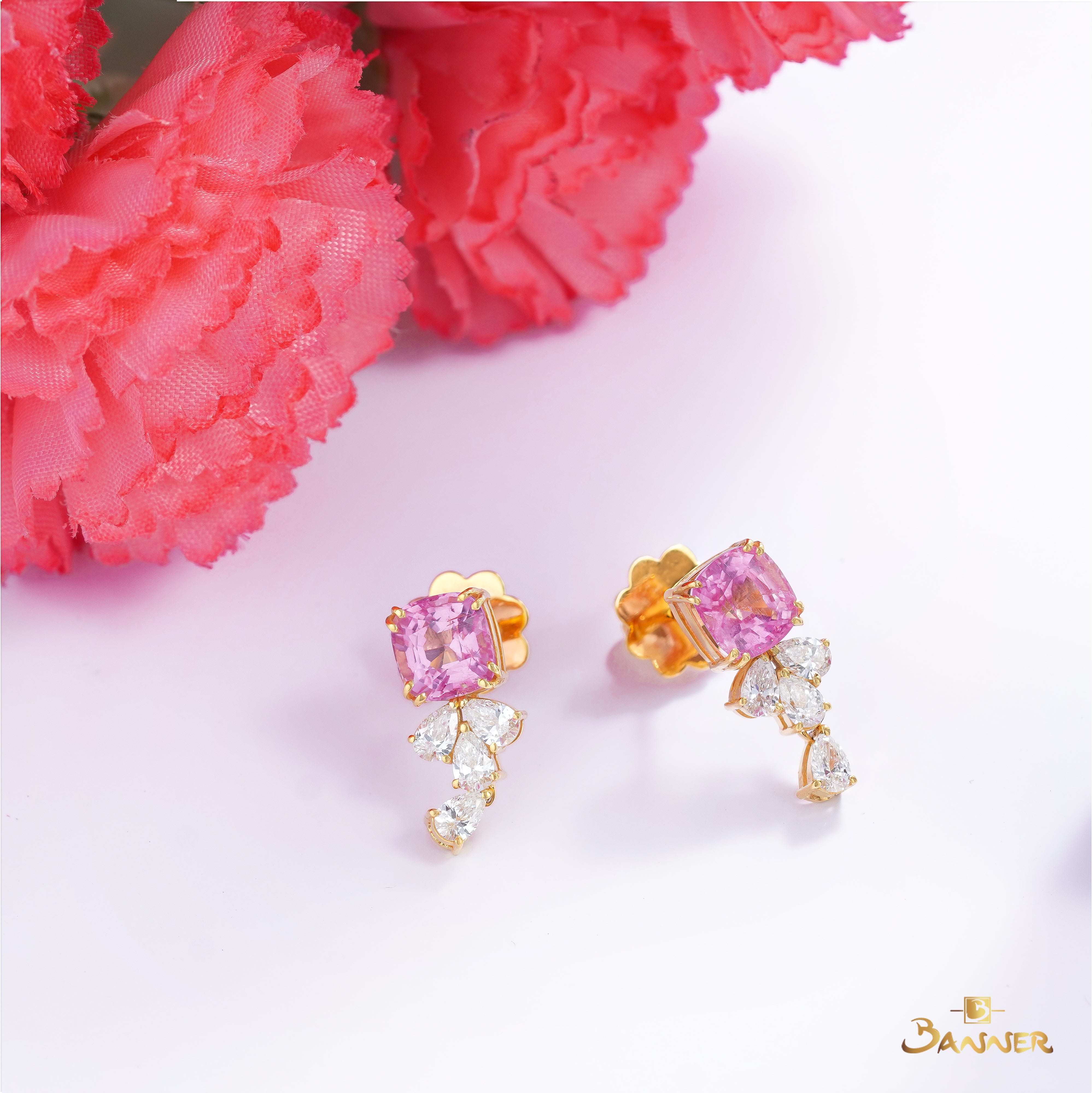 Pink Tourmaline and Diamond Floral Cluster Drop Earrings