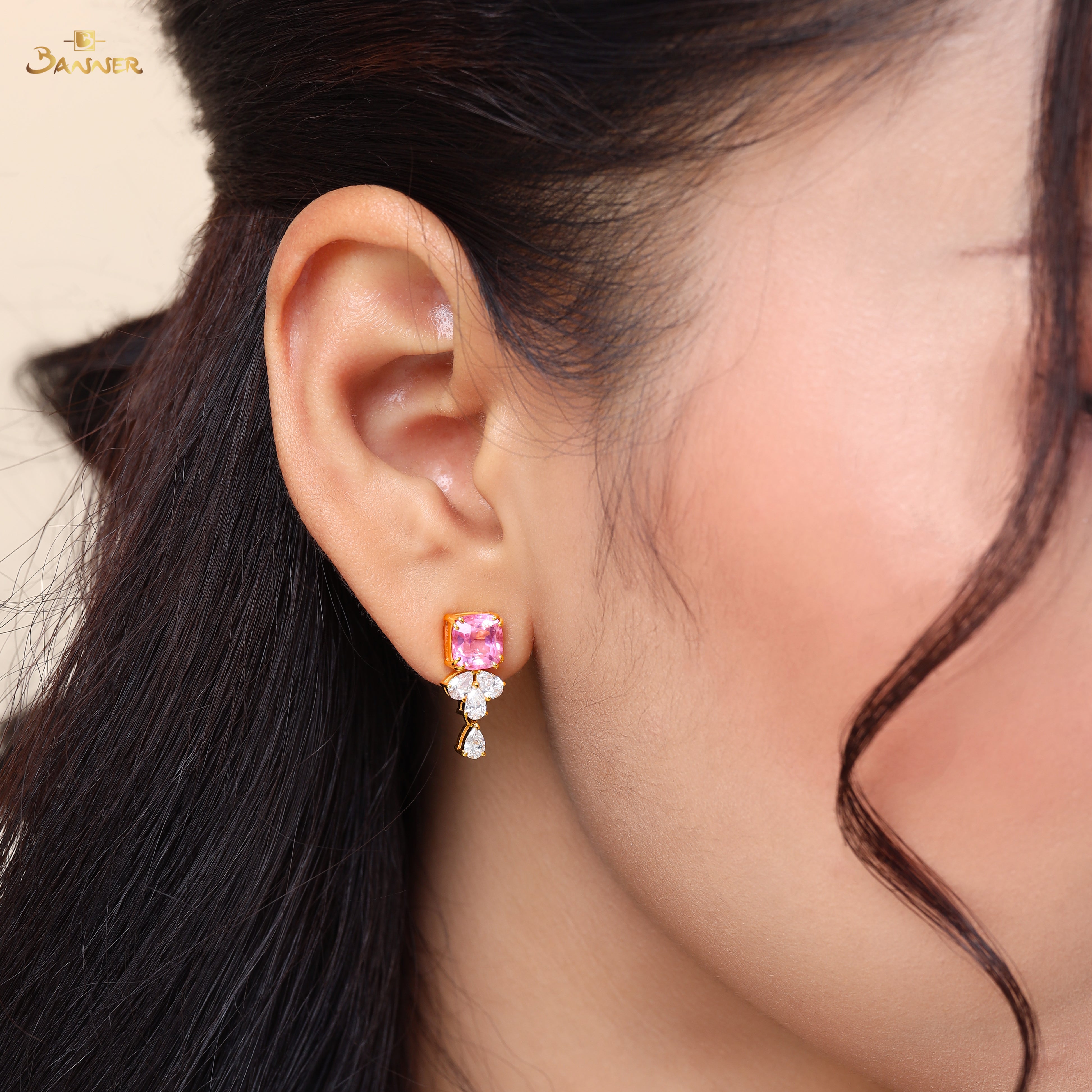 Pink Tourmaline and Diamond Floral Cluster Drop Earrings