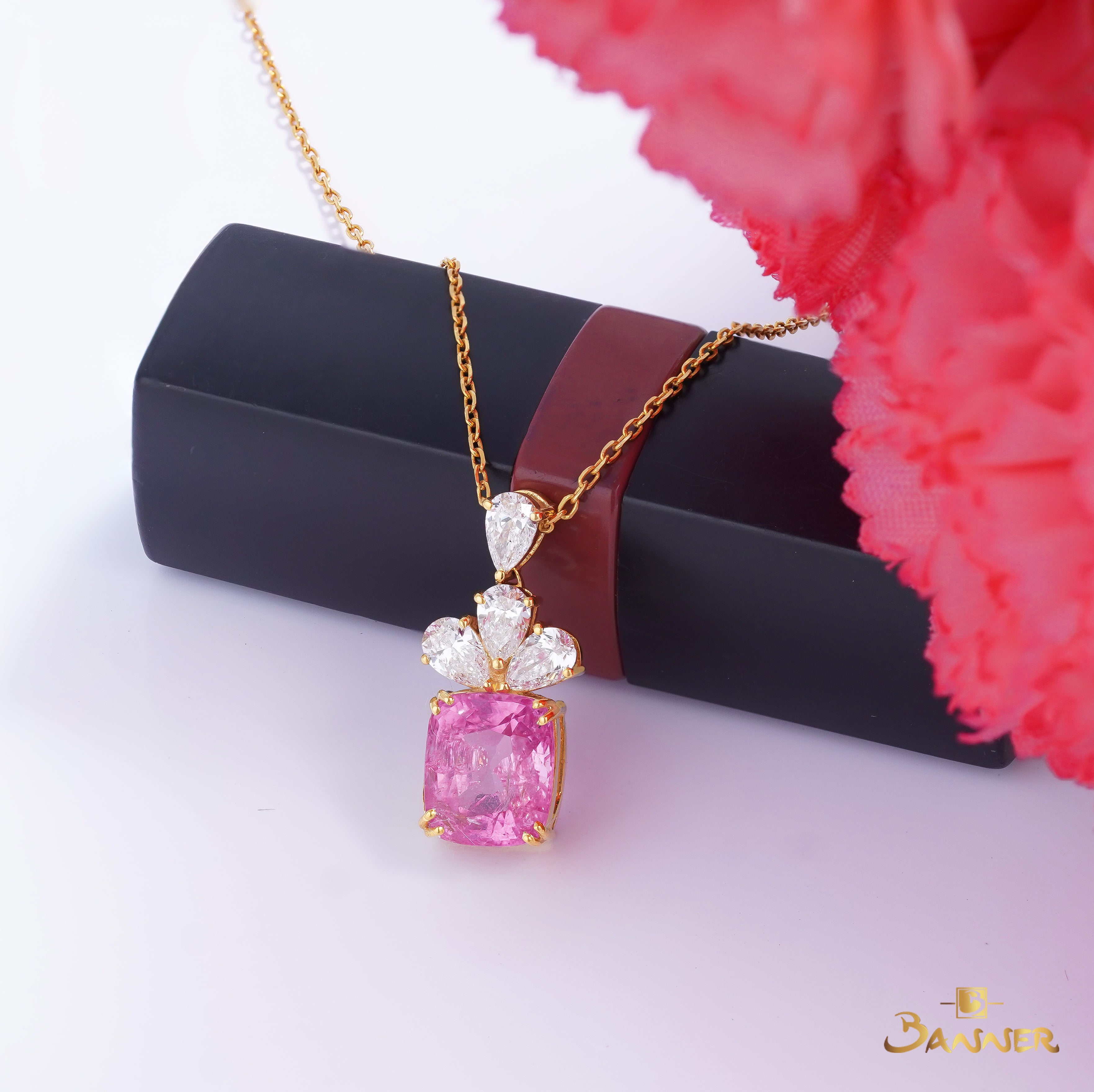 Pink Tourmaline and Diamond Floral Cluster Drop Pendant