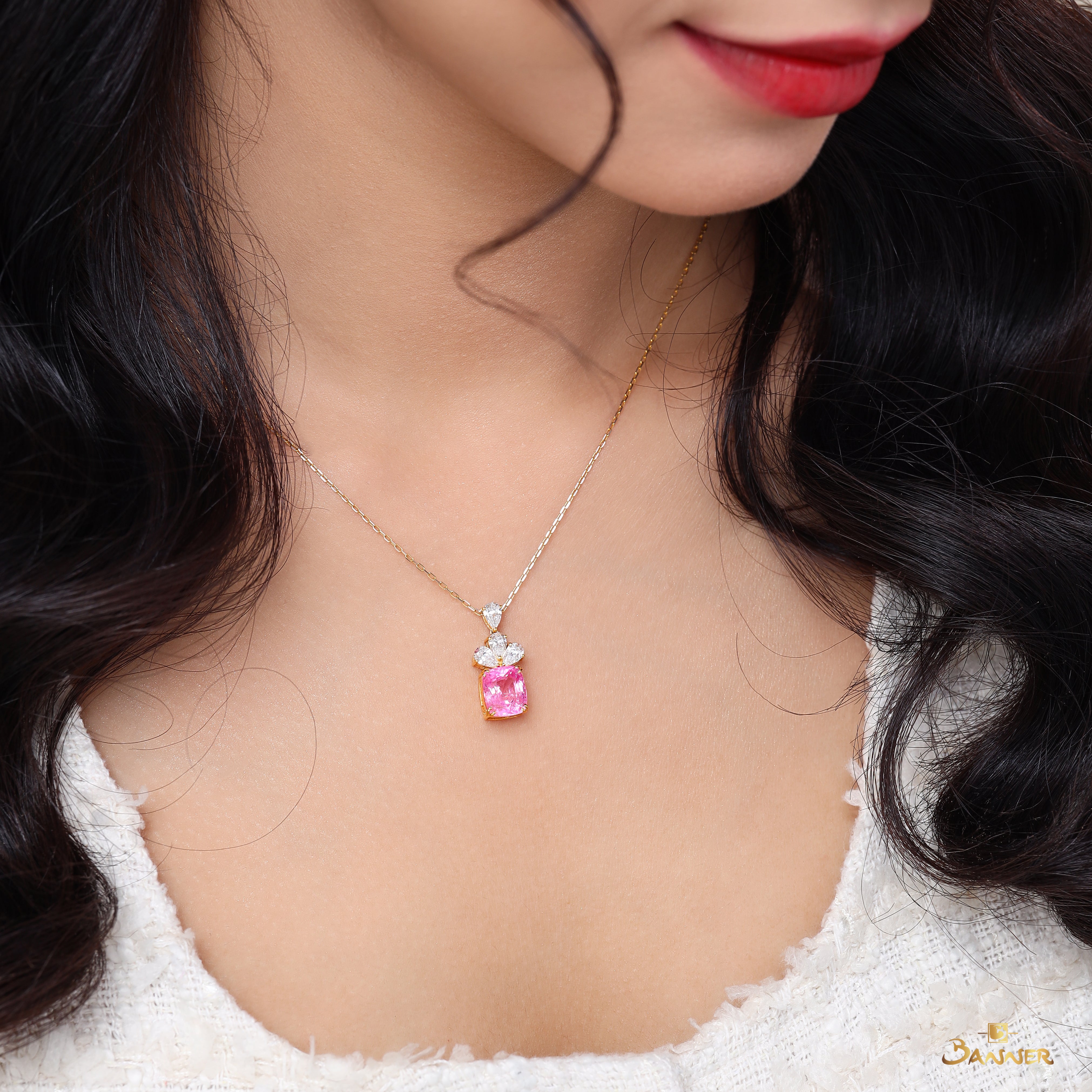 Pink Tourmaline and Diamond Floral Cluster Drop Pendant