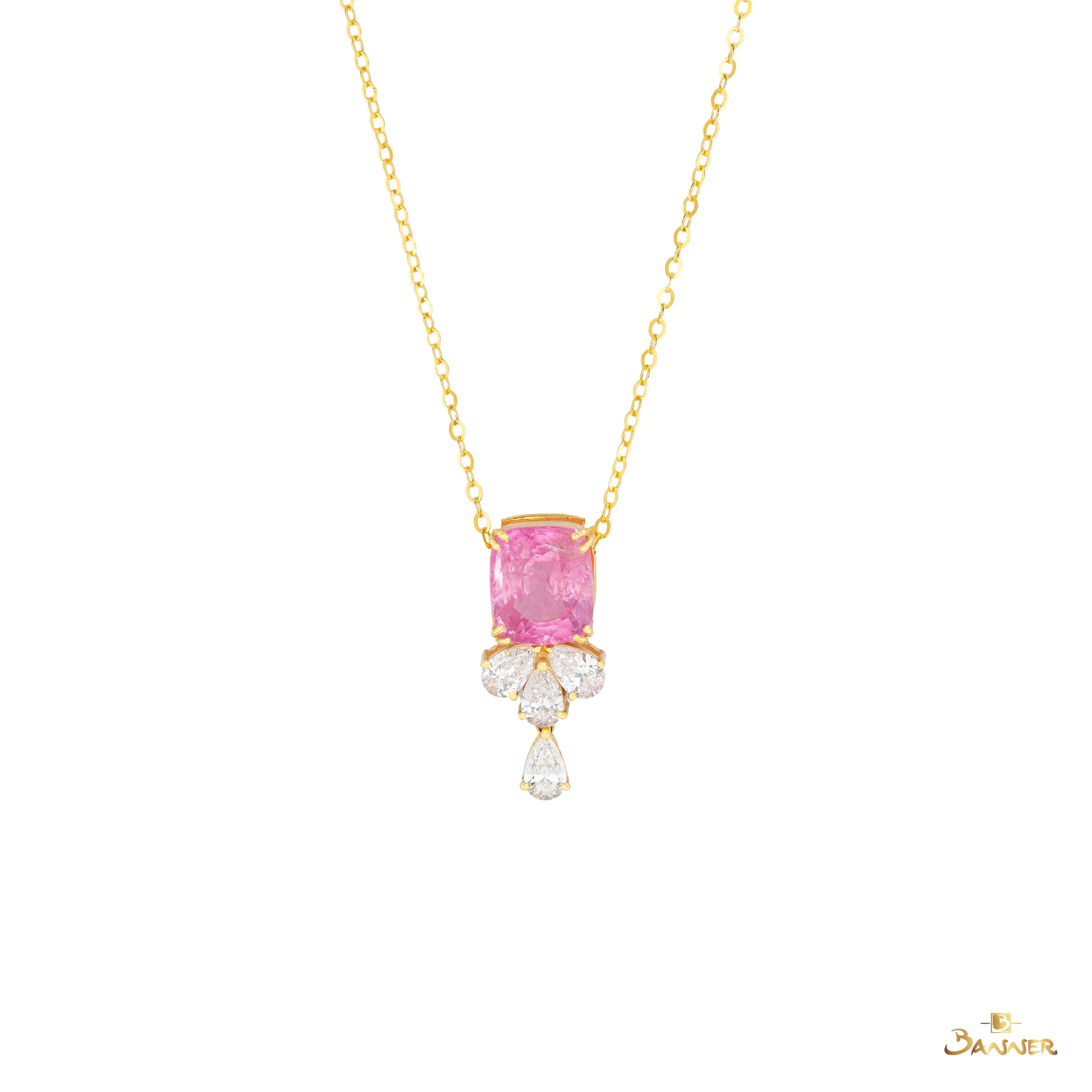 Pink Tourmaline and Diamond Floral Cluster Drop Pendant