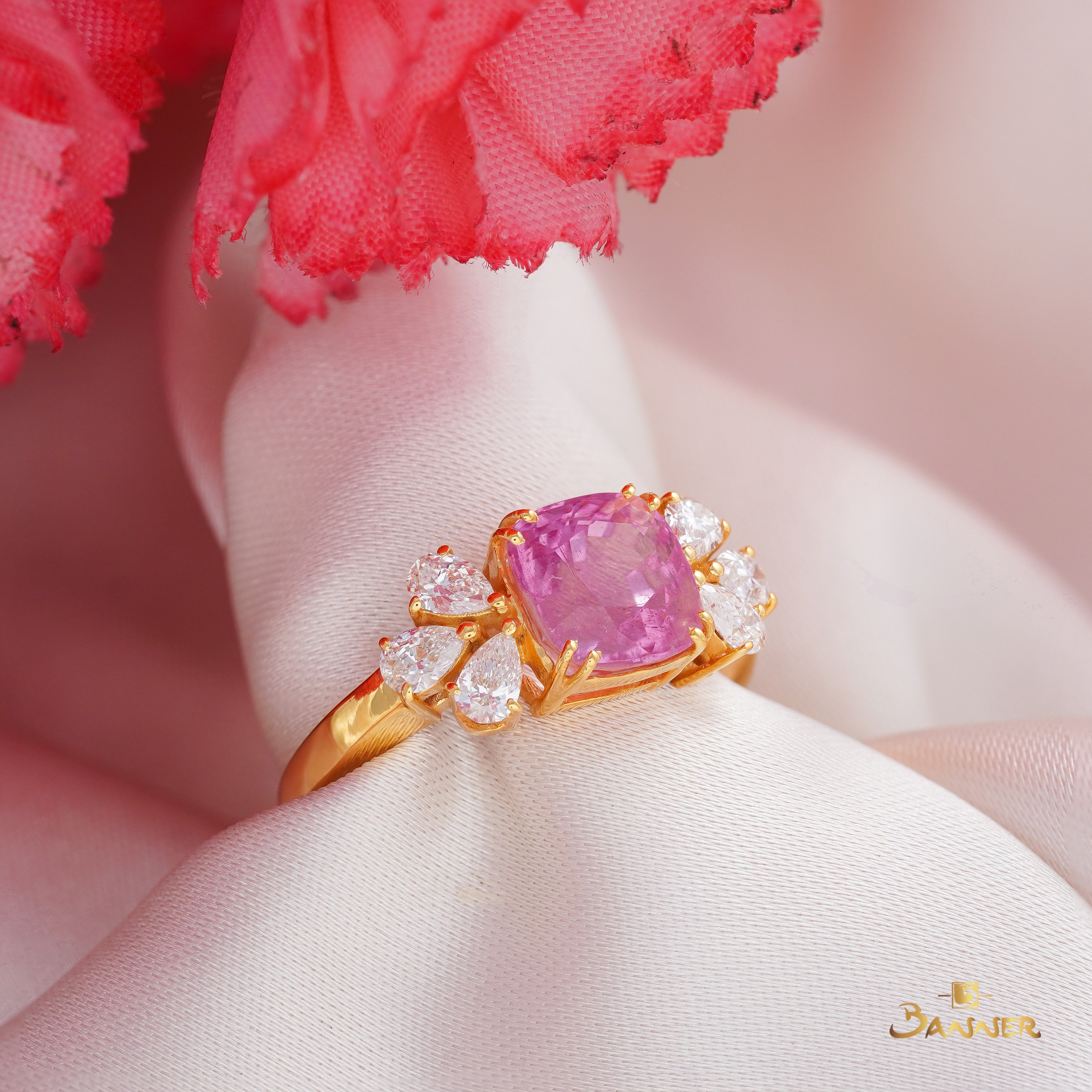 Pink Tourmaline and Diamond Floral Cluster Drop Ring