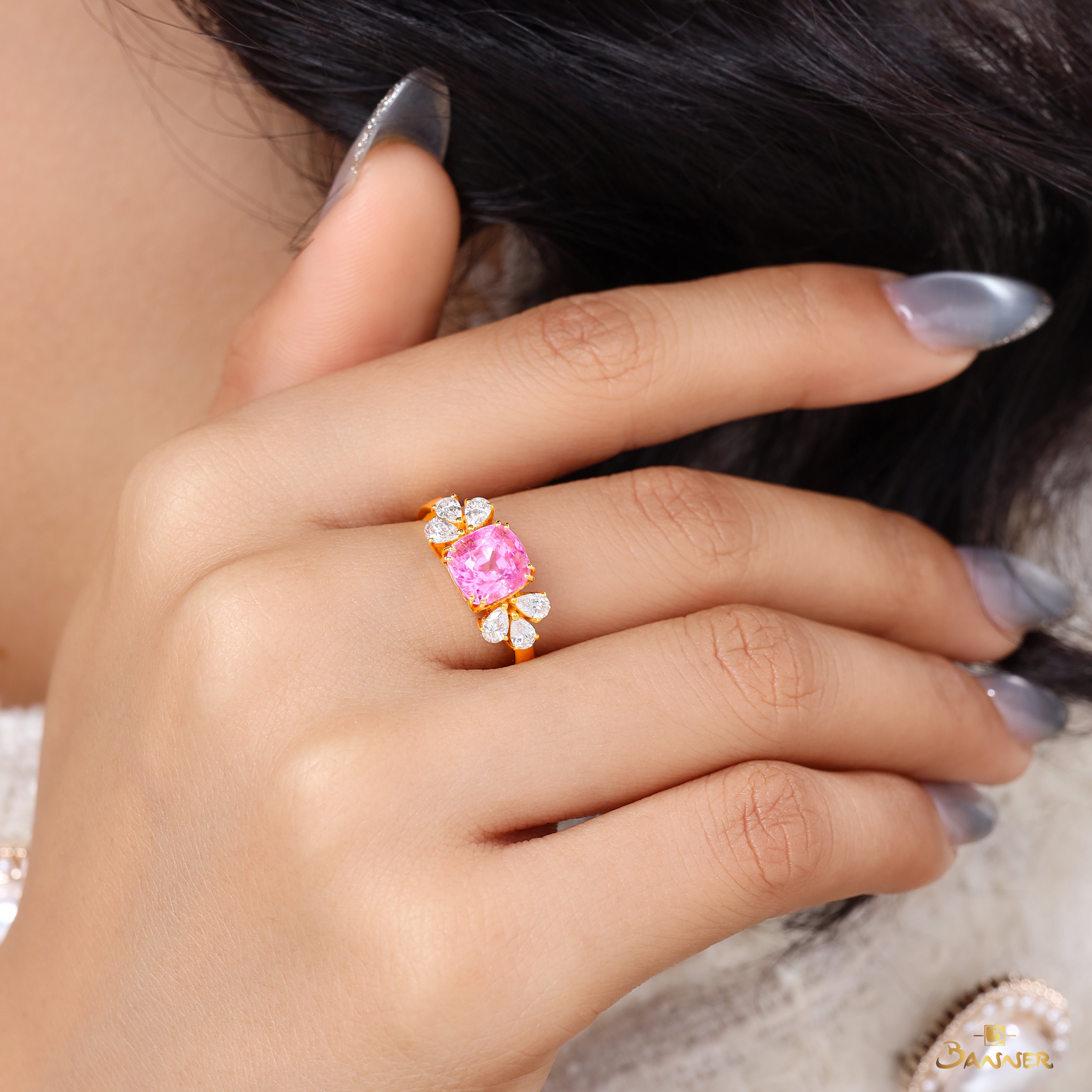 Pink Tourmaline and Diamond Floral Cluster Drop Ring