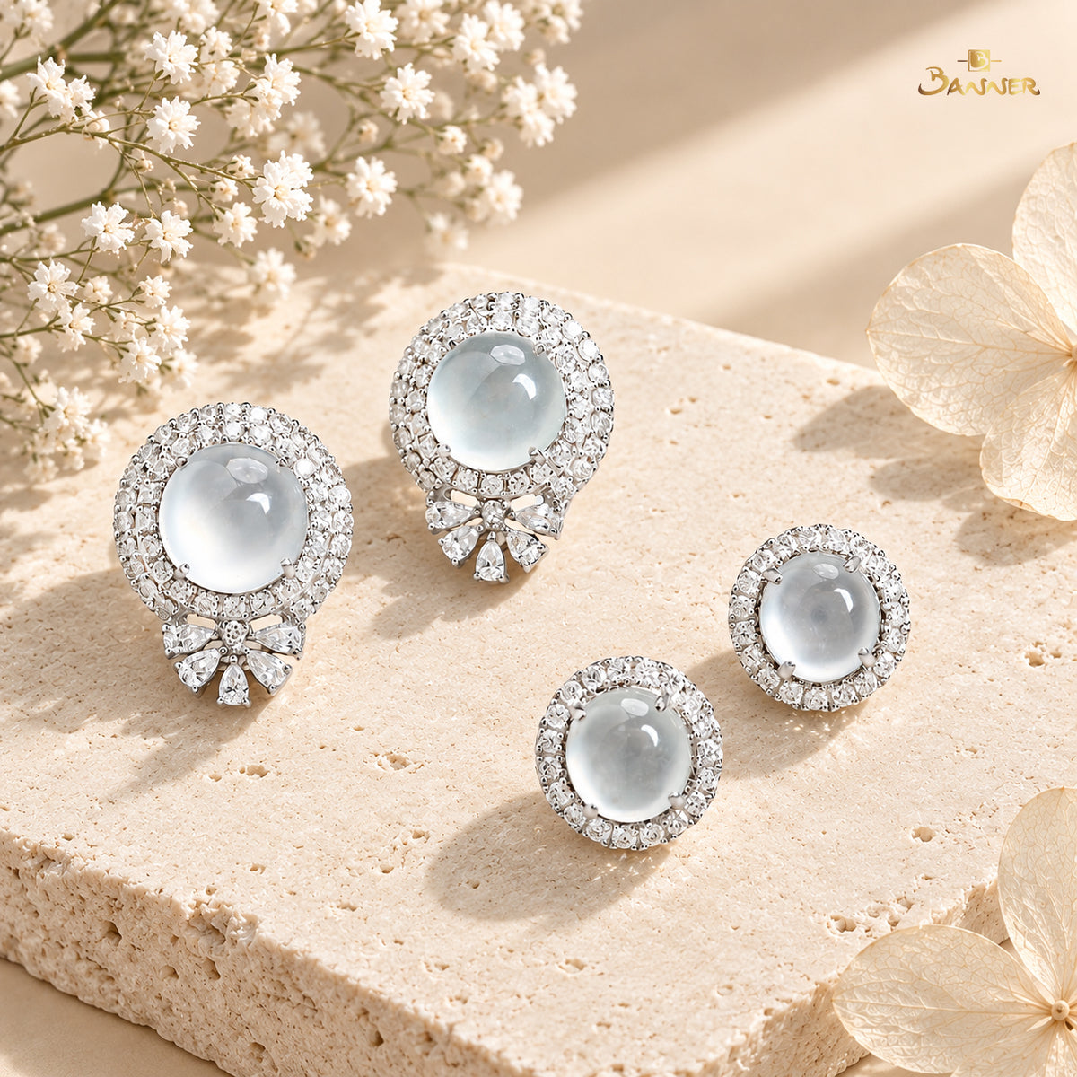 White Jade and Diamond Double Halo Earrings