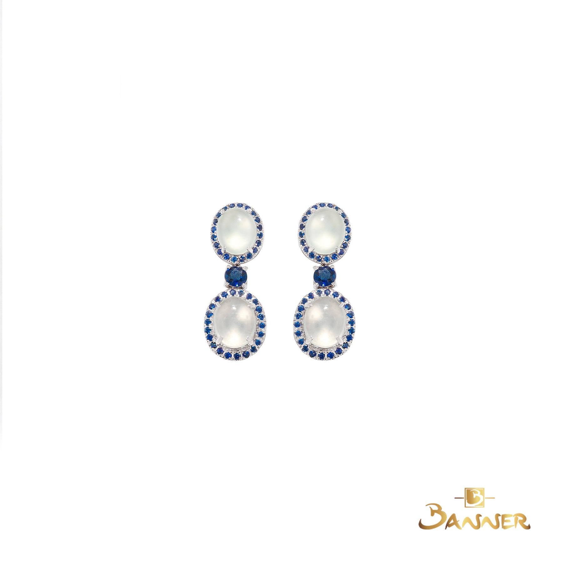 White Jade and Sapphire 2-step Dangle Halo Earrings