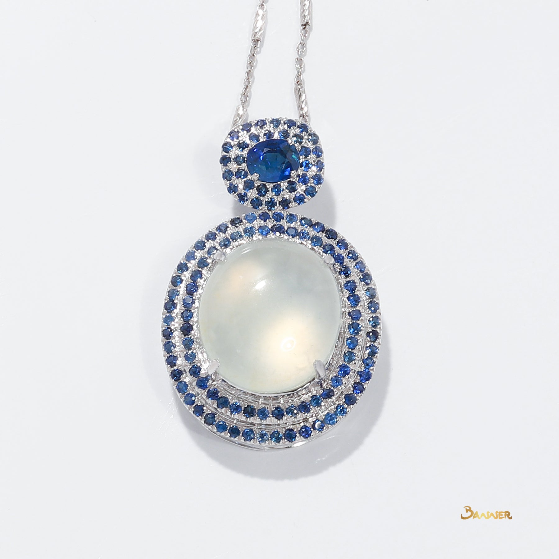 White Jade and Sapphire 2-step Halo Pendant