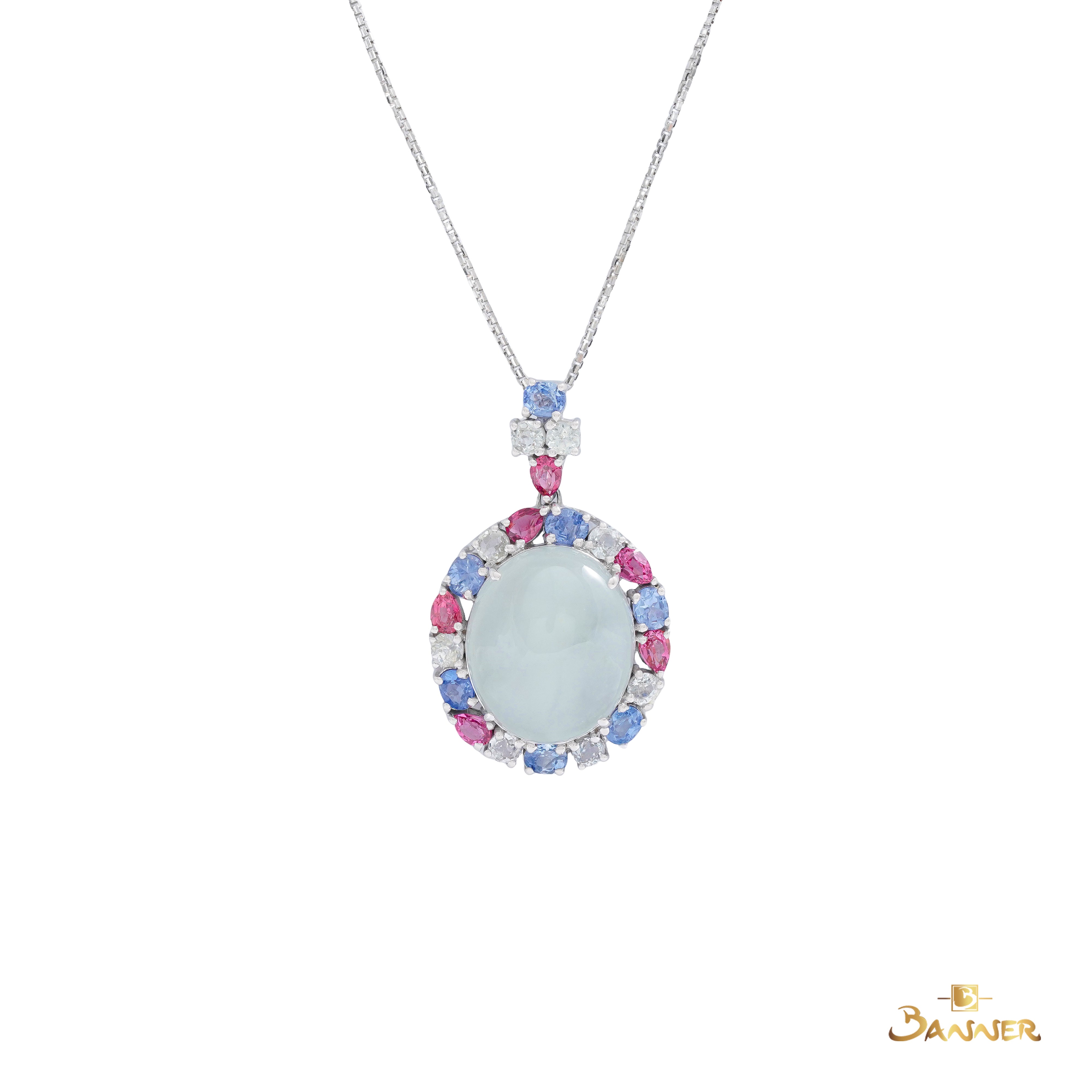 White Jade , Pink Spinel and Multi-color Sapphire Halo Pendant