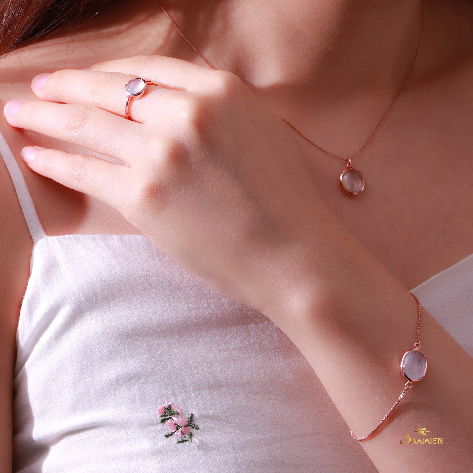 White Jade and 18K Rose Gold Set