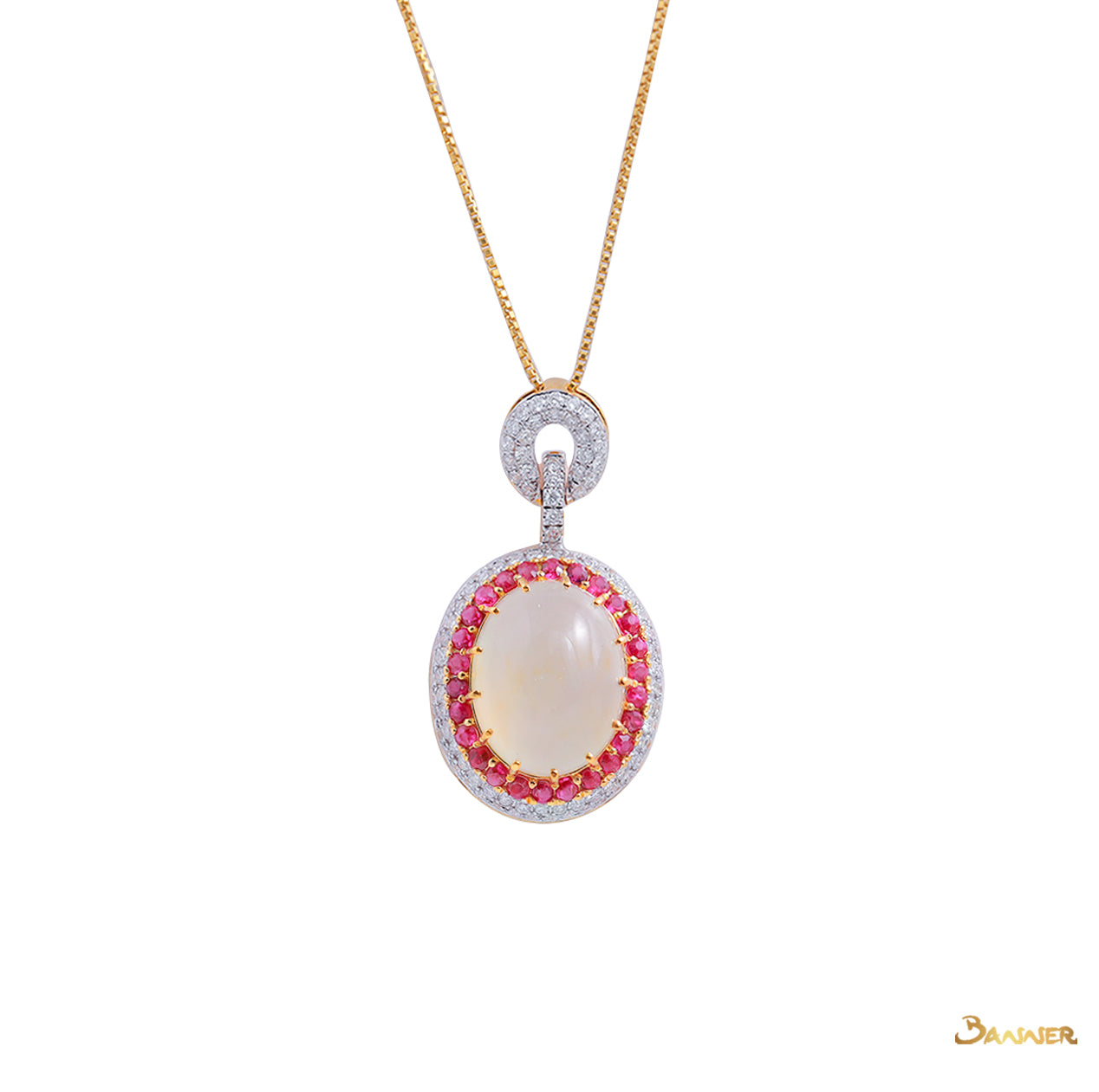 White Jade , Ruby and Diamond Halo Pendant