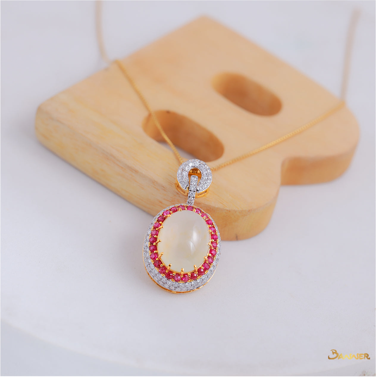 White Jade , Ruby and Diamond Halo Pendant