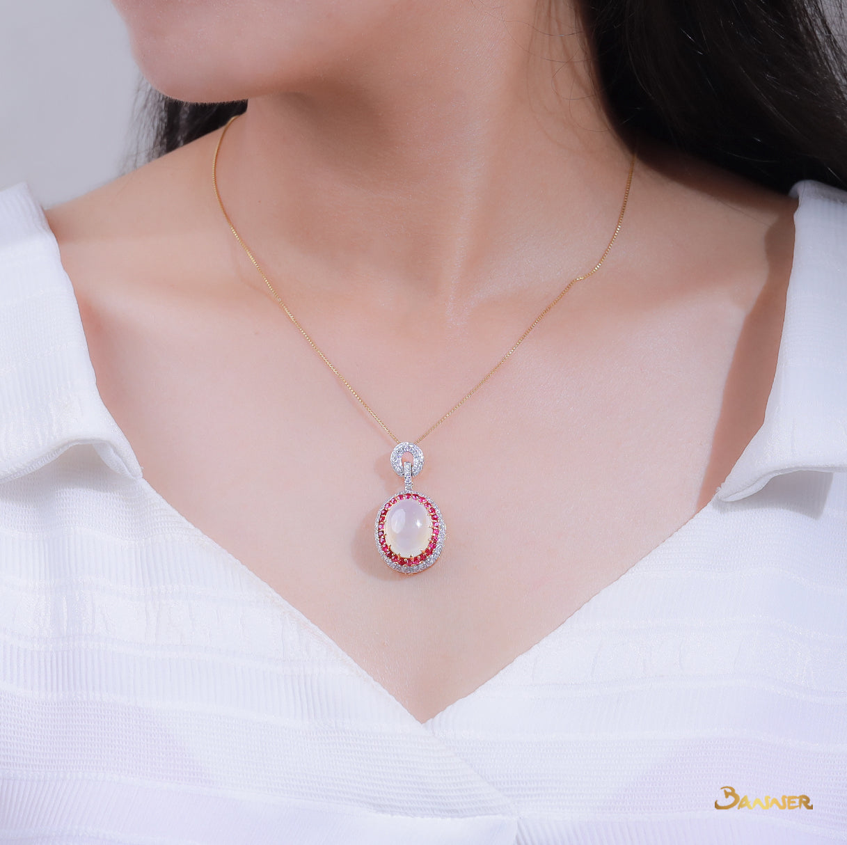 White Jade , Ruby and Diamond Halo Pendant