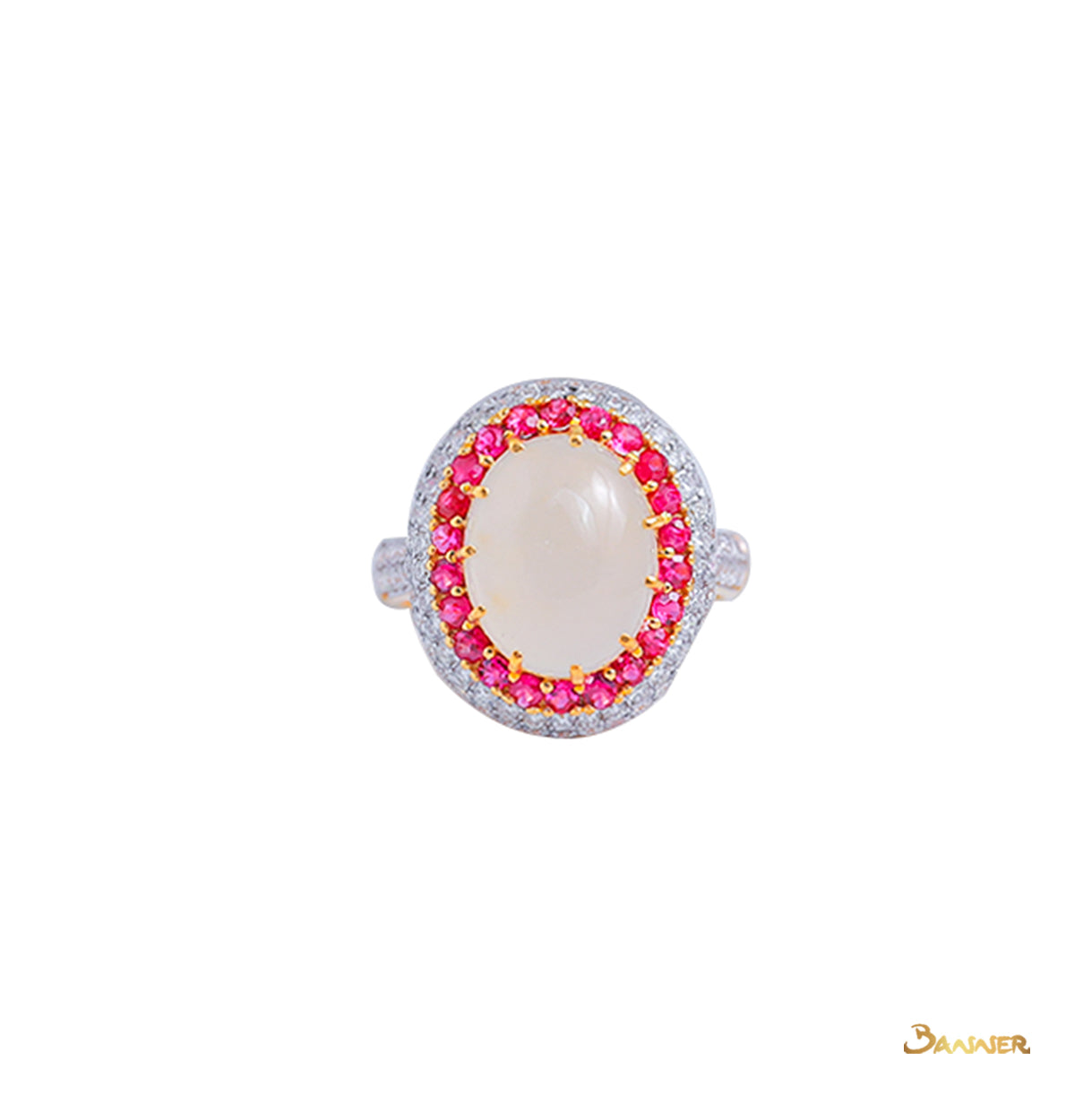 White Jade , Ruby and Diamond Halo Ring
