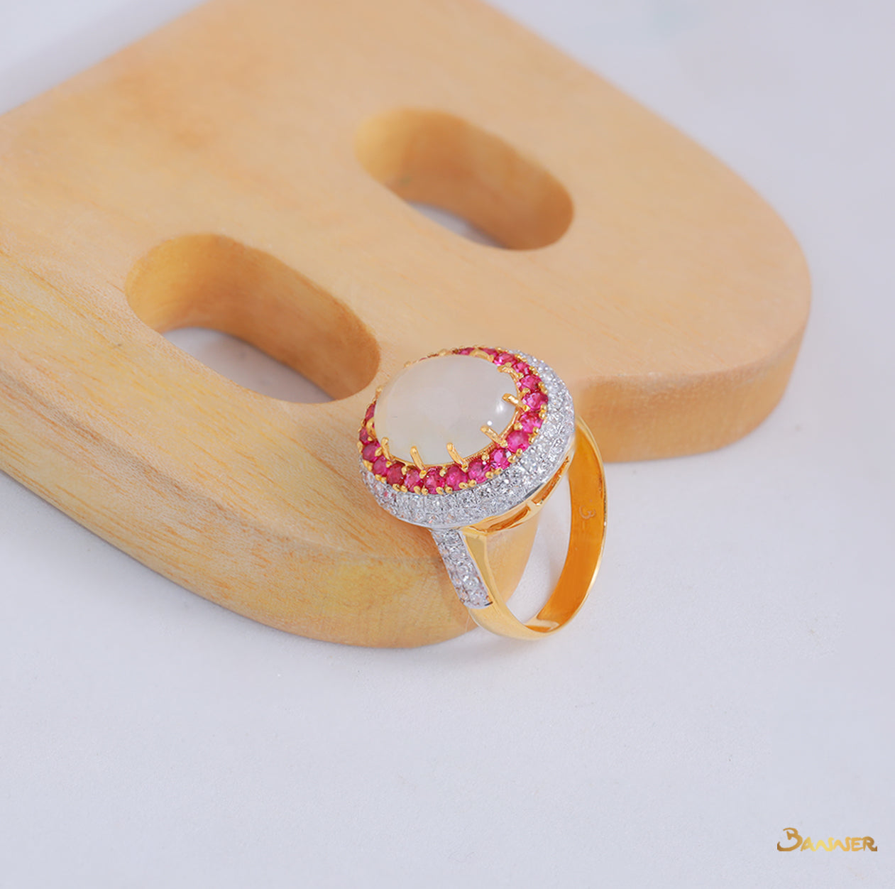 White Jade , Ruby and Diamond Halo Ring