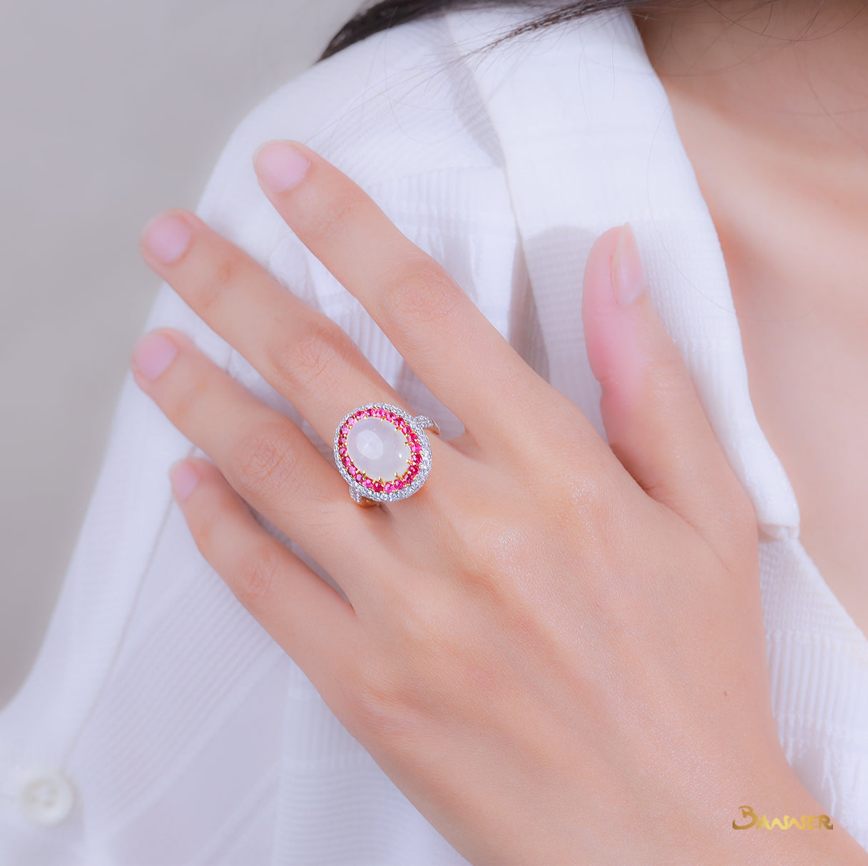 White Jade , Ruby and Diamond Halo Ring