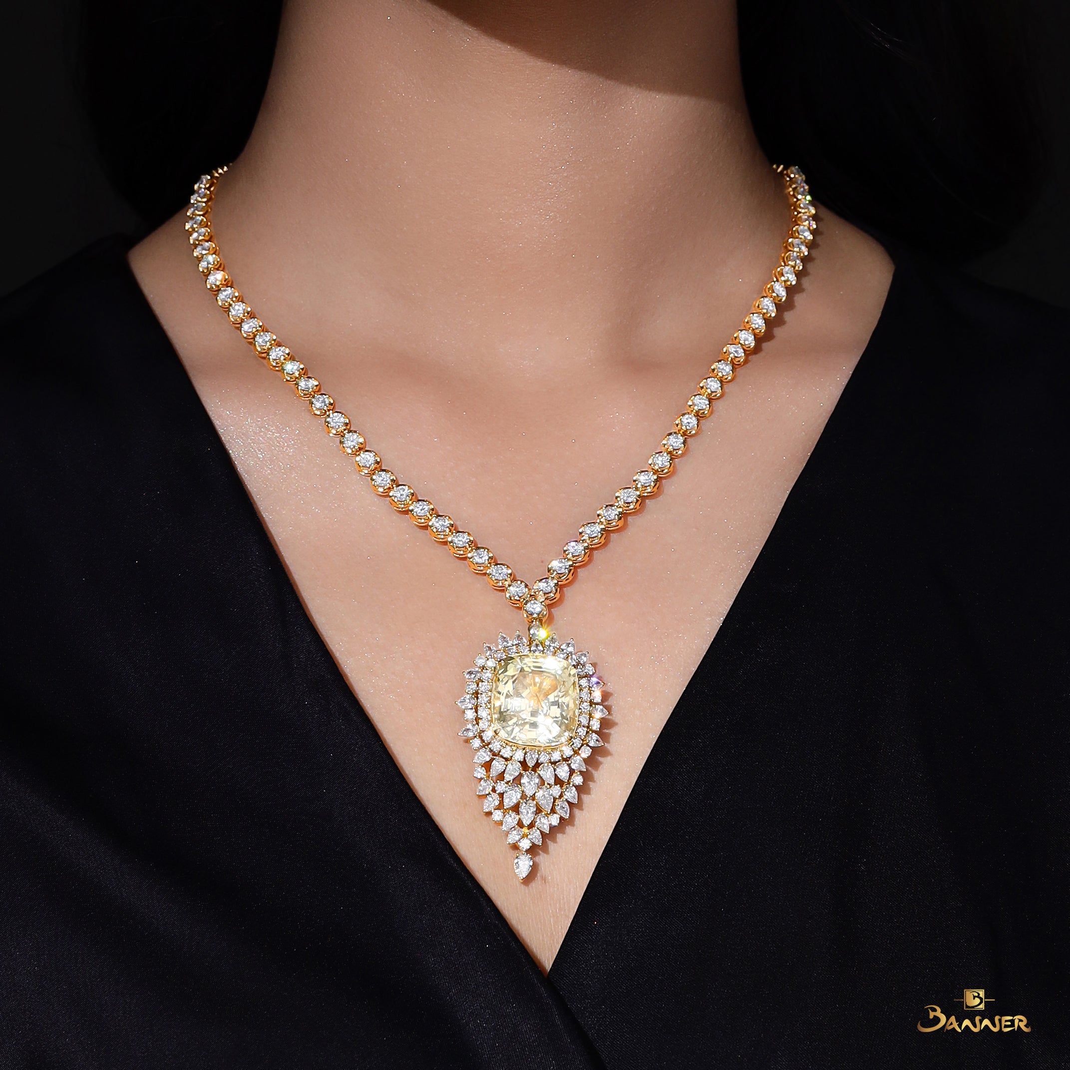 Yellow Sapphire and Diamond Brooch / Pendant