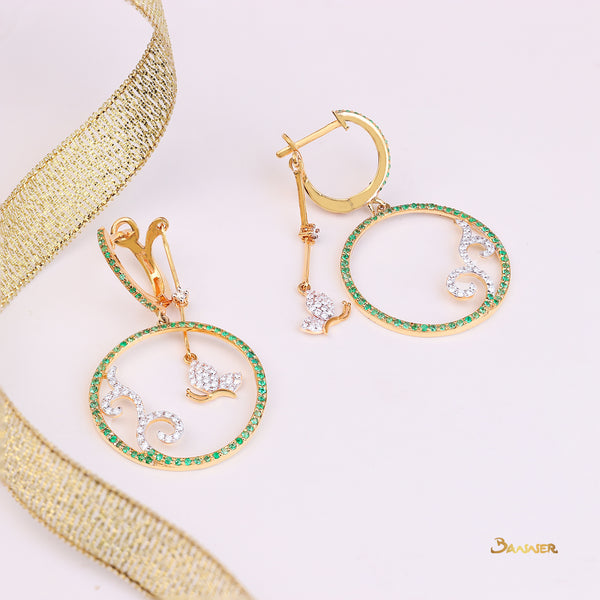 Emerald and Diamond Circle Dangle Earrings